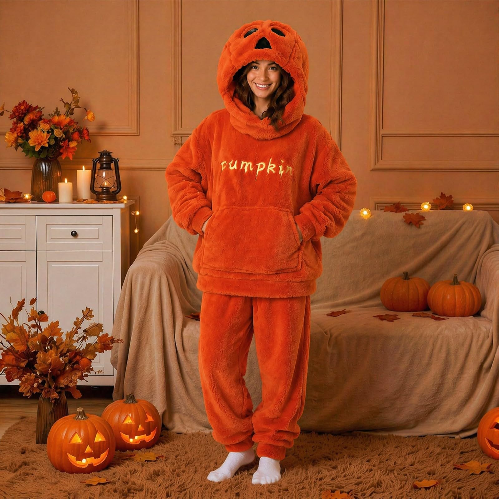Conjunto de pijama para mujer, talla grande, disfraz para mujer, Halloween | Conjunto Oversize con diseño de calabaza casual para disfraz de Halloween Chic y Elegant Pijama polar térmico