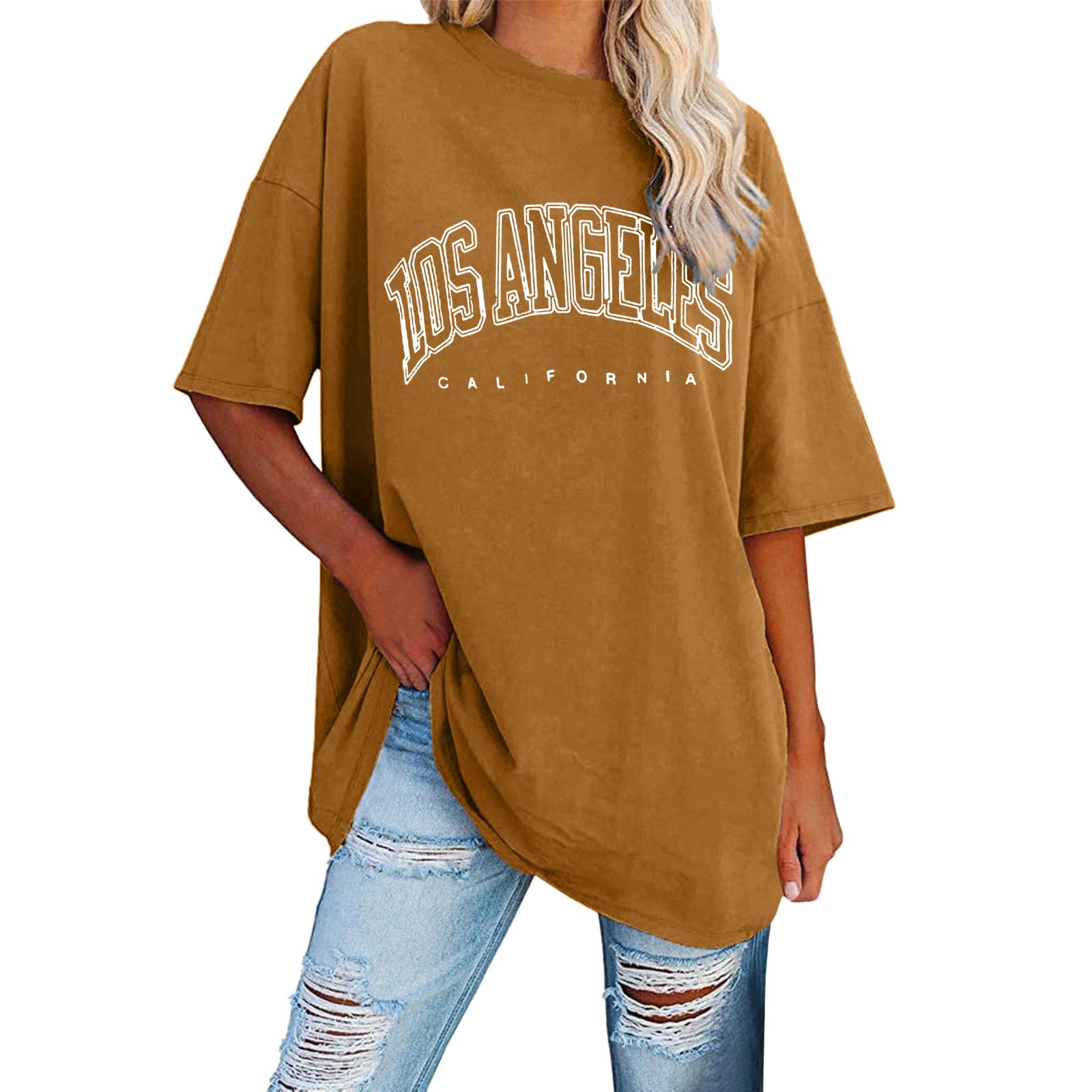 Generic Camiseta elegante para mujer, informal, con diseño de Los Ángeles, tops de verano, blusa para mujer, suelta, básica, de algodón, camiseta, blusas, camiseta deportiva, camiseta larga, blusas, top de