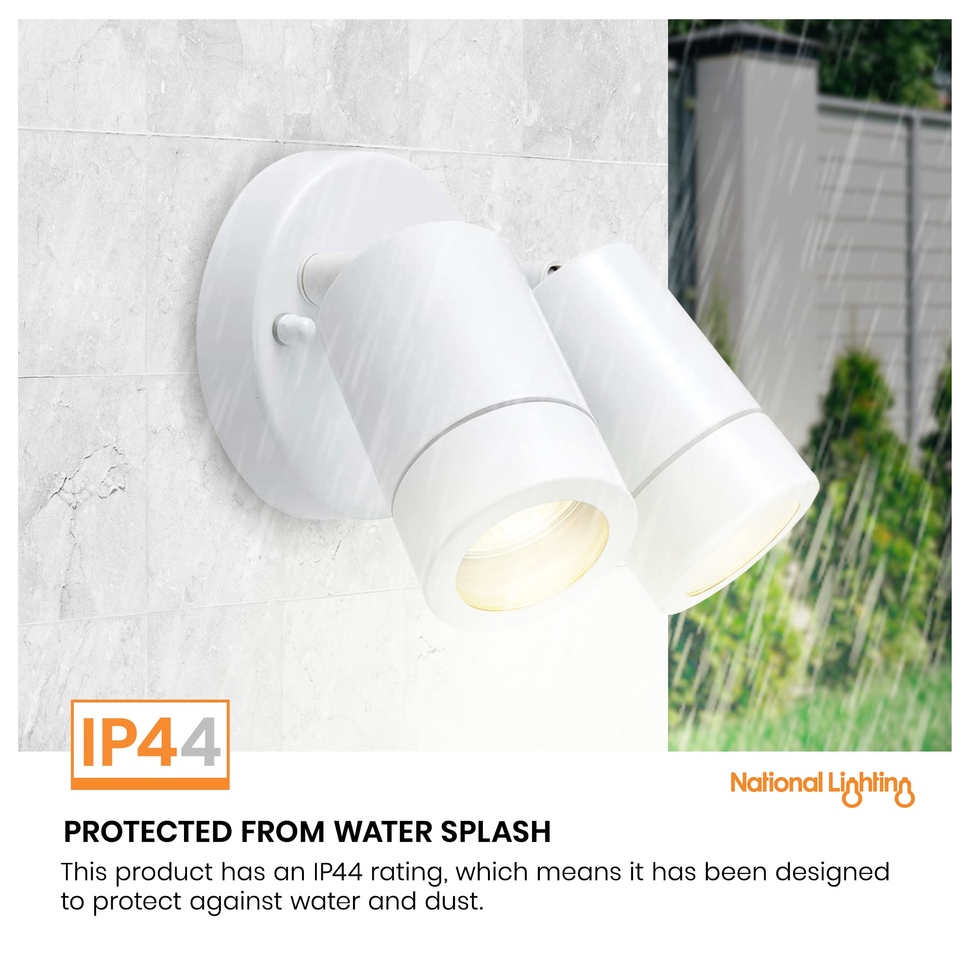 National Lighting IP44 Faretto da esterno doppio, in acciaio bianco lucido, inclinabile regolabile, luci esterne alimentate a rete, 2 x 7 W 240 V LED GU10 (non incluse)