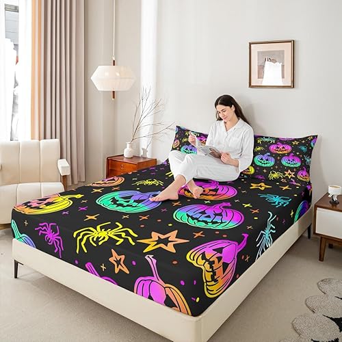 Miniatura 6 de Juego de sábanas iridiscentes con luces de calabaza arco iris, arañas de Halloween, con purpurina y estrellas, galaxia, sábana bajera completa,