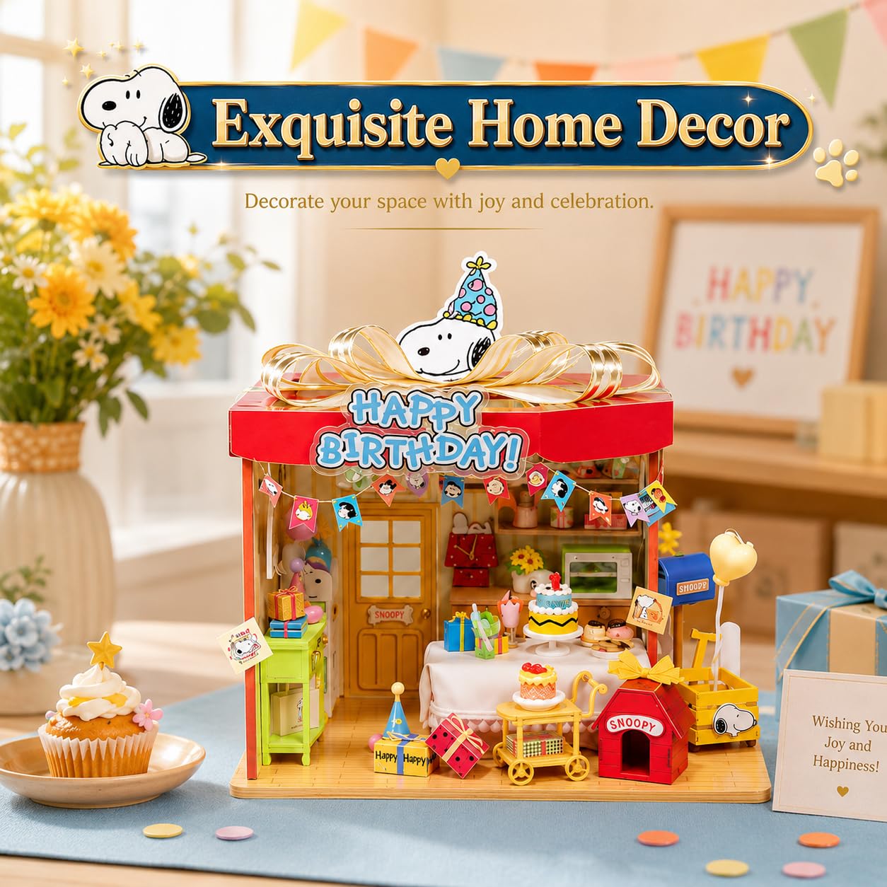 PUREMIND Snoopy PEANUTS Drewniane Puzzle 3D, Domek Urodzinowy | Oficjalna licencja, figurka w zestawie, tort i balony, forma pudełka prezentowego, do składania, dekoracja i kolekcja