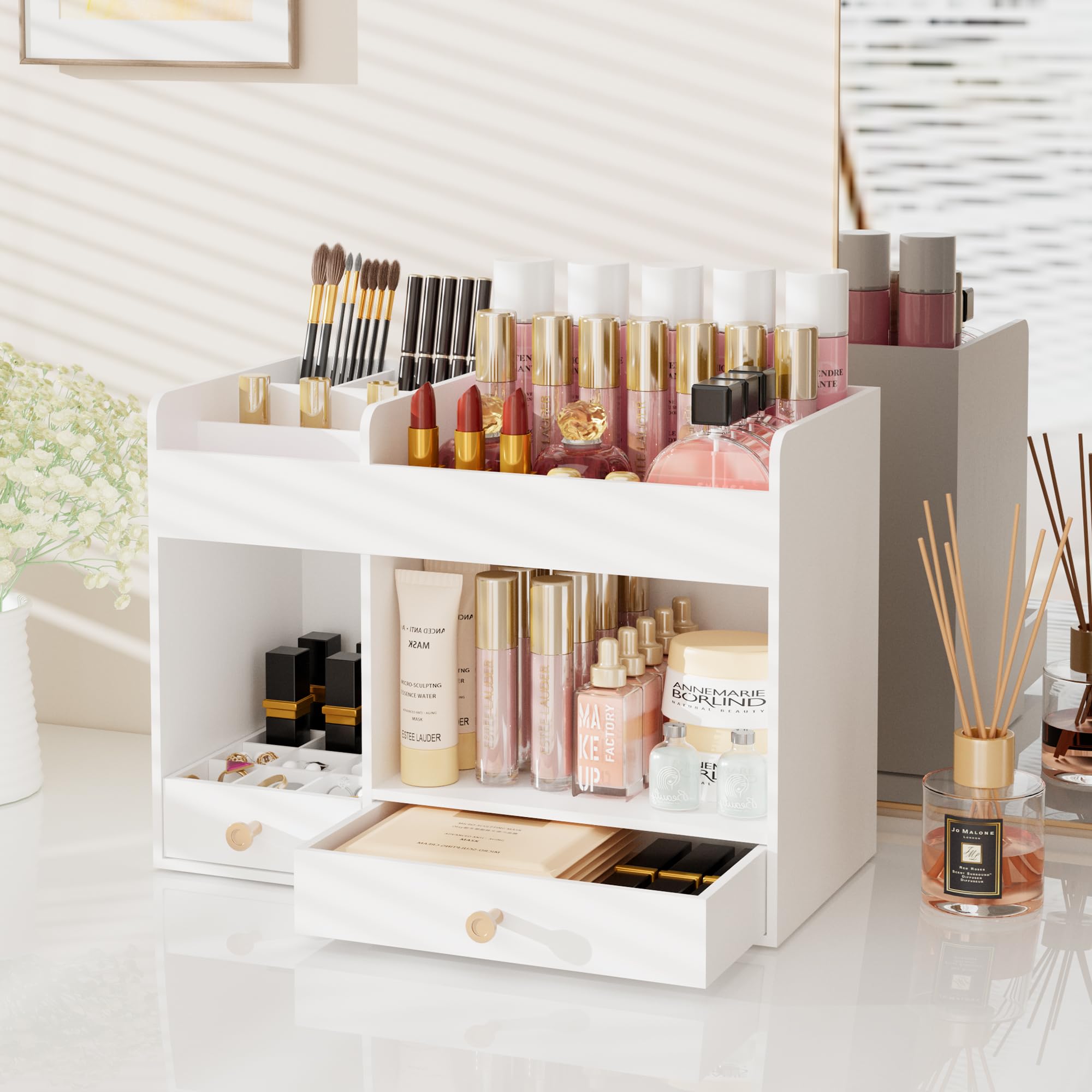 Photo 1 of LONTAI Bamboo Makeup Organizer with Drawers, Cosmetic Storage for Lipstick Organizer Beauty Holder Skincare Organizer for Dresser Vanity Bathroom Countertop, No Assembly Required (White)