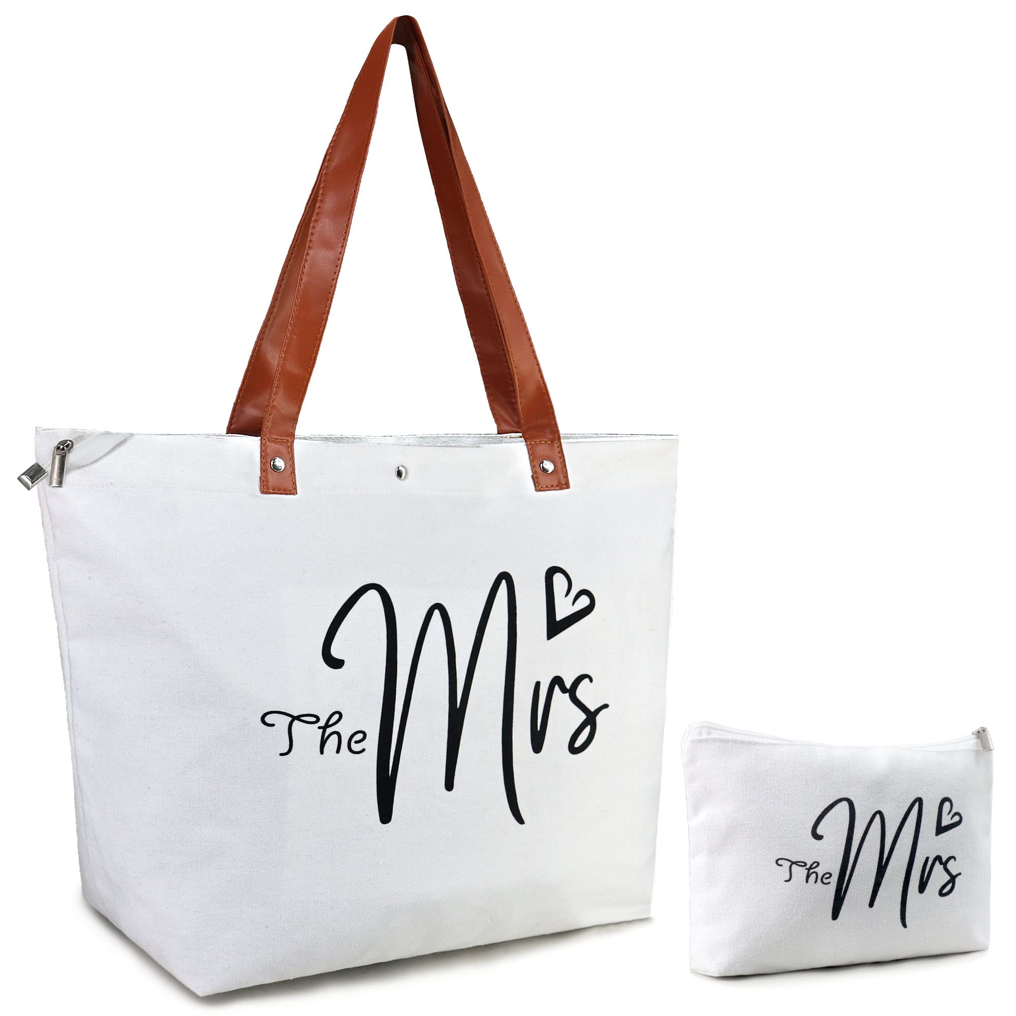 BeeGreen Mrs Tote Bag with Makeup Bag, 13OZ Canvas Bride Tote Bag with Zipper Closure, Large Bridal Wedding Beach Bag with Pocket, Bachelorette Gifts for Bridal Shower Engagement Honeymoon