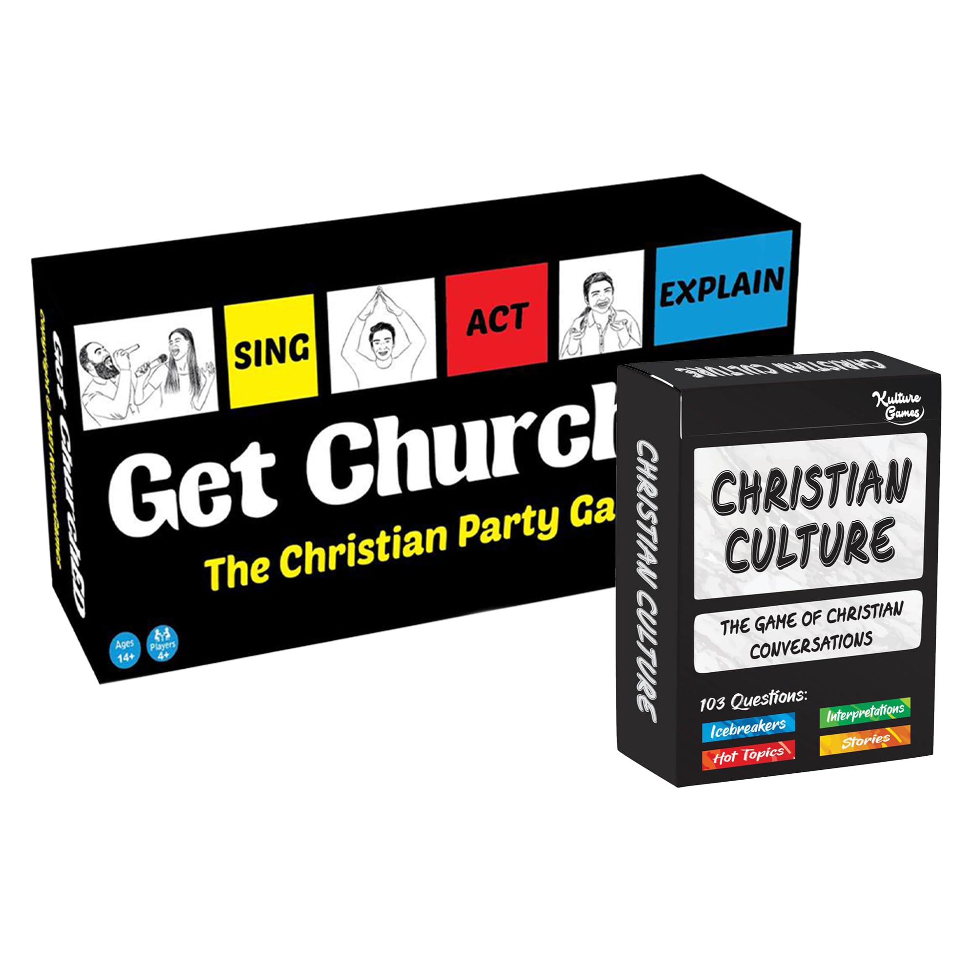 Christian Card Games Bundle - Christian Culture (Conversation Starters) & Get ChurchED (Sing, Act, Explain) - Christian Party Cards - Ideal for All Ages, Gatherings, Game Night