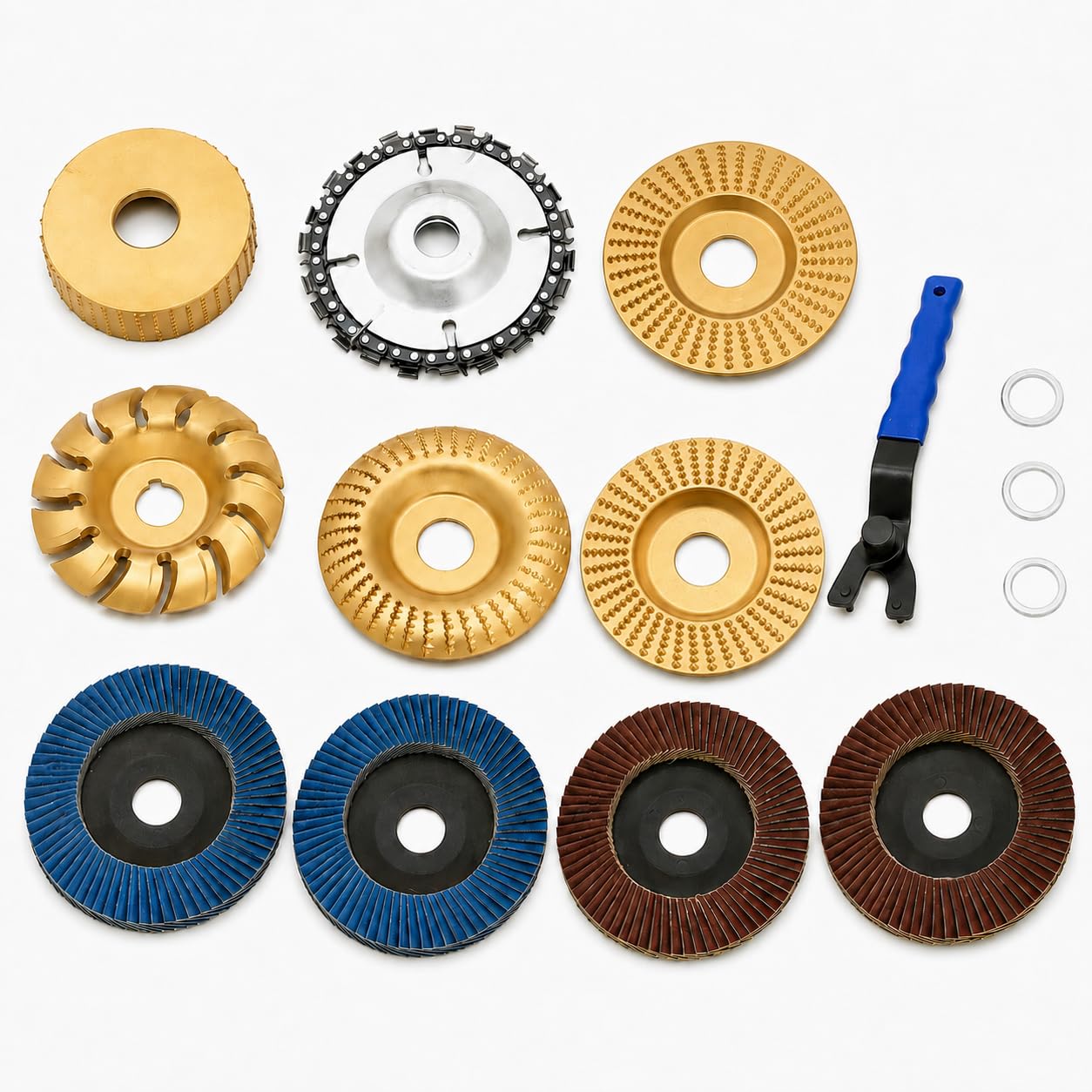 11-teiliges Holzschnitzscheiben-Set, geeignet für 10,2 cm oder 11,4 cm Winkelschleifer, Stumpfwerkzeug, Schleifscheiben-Schleifscheibe mit 1,6 cm Adapterring, Holzbearbeitung, Schneiden, Schleifen