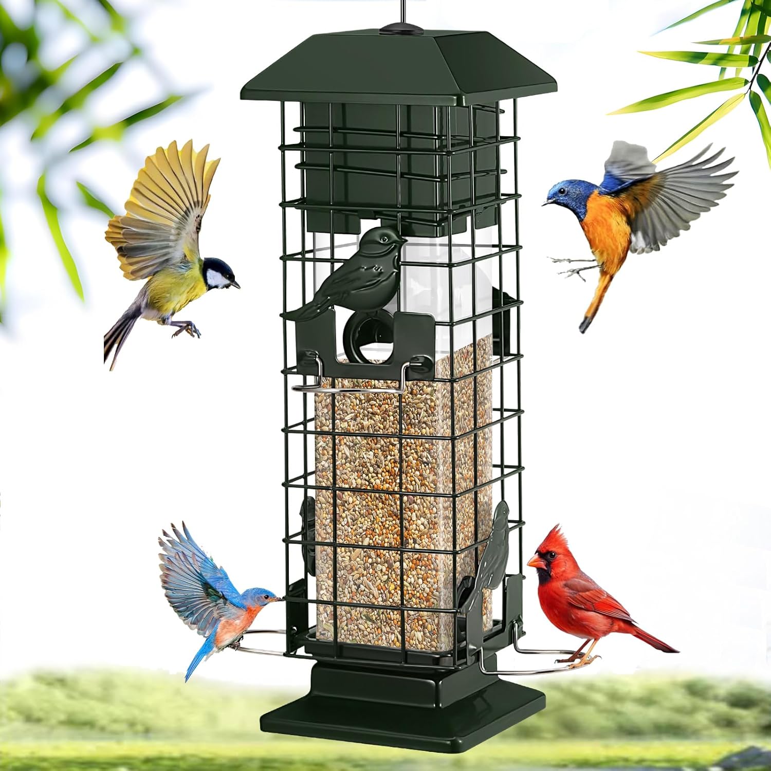 Squirrel Proof Bird Feeder for Outdoors Hanging, Yongblus Metal Wild Bird Feeders, with Weight Activated Perches 4 Ports, 3Lb Capacity Squirrel Proof Bird Feeder for Outside, Cardinal, Finch, Bluebird
