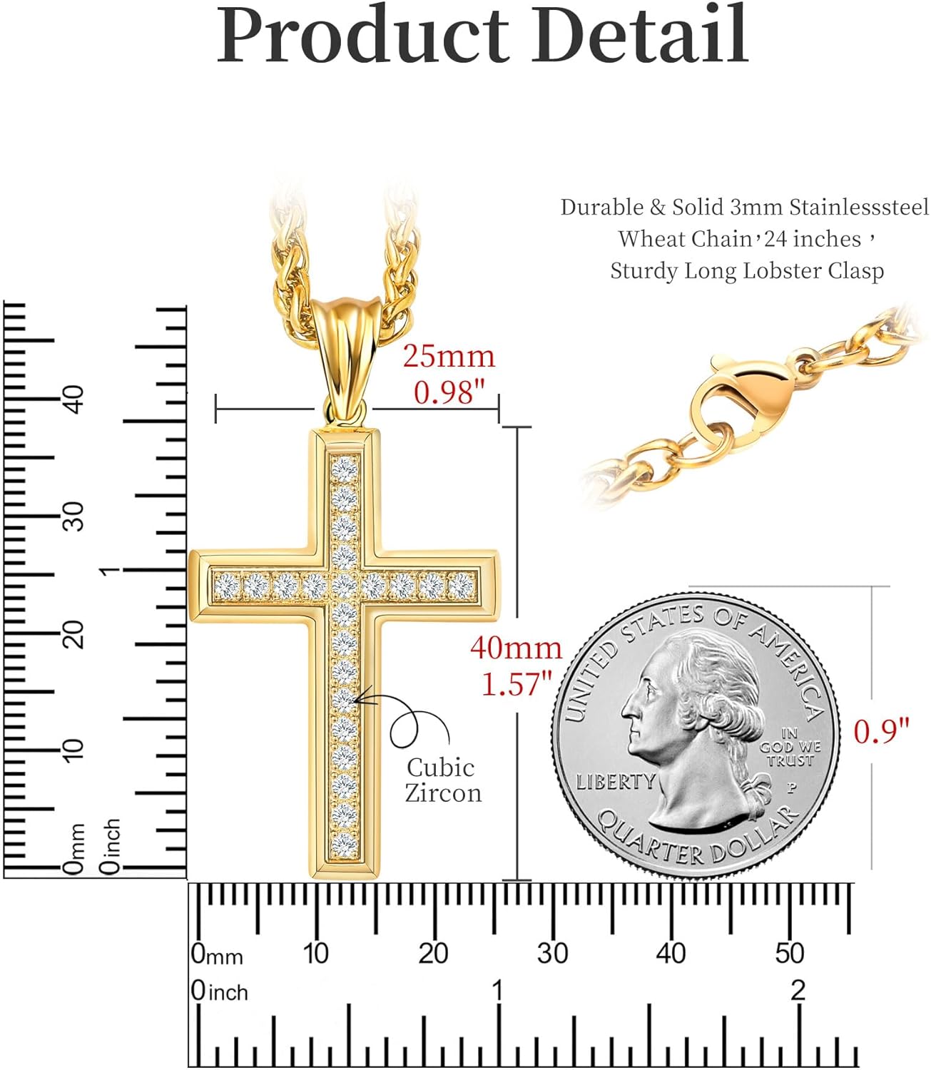 Stainless Steel CZ Cross Necklace Men Women - 18K Gold Plated 5A+ Cubic Zirconia Crucifix Pendant - Christian Religious 3mm Rolo Chain Jewelry Present - Image 6