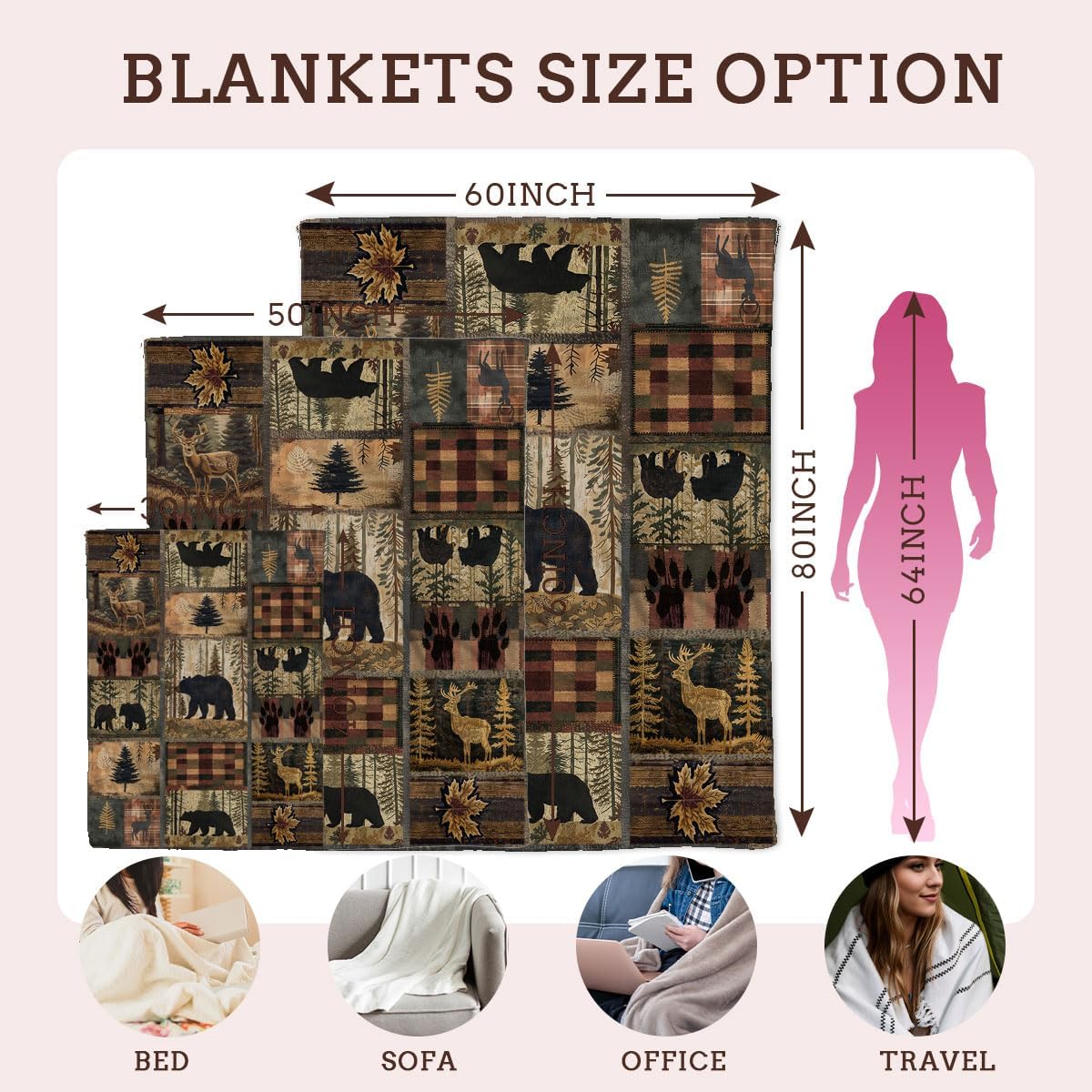 Retro Rusticd Blanket, Lodge Bear Moose Deer Country Farmhouse, Soft Plush Fleece Throw Blanket for Men, Cozy Pattern for Hunting Enthusiasts & Outdoorsmen, Gift for Bed, Cabin & Travel, 60" x 80"