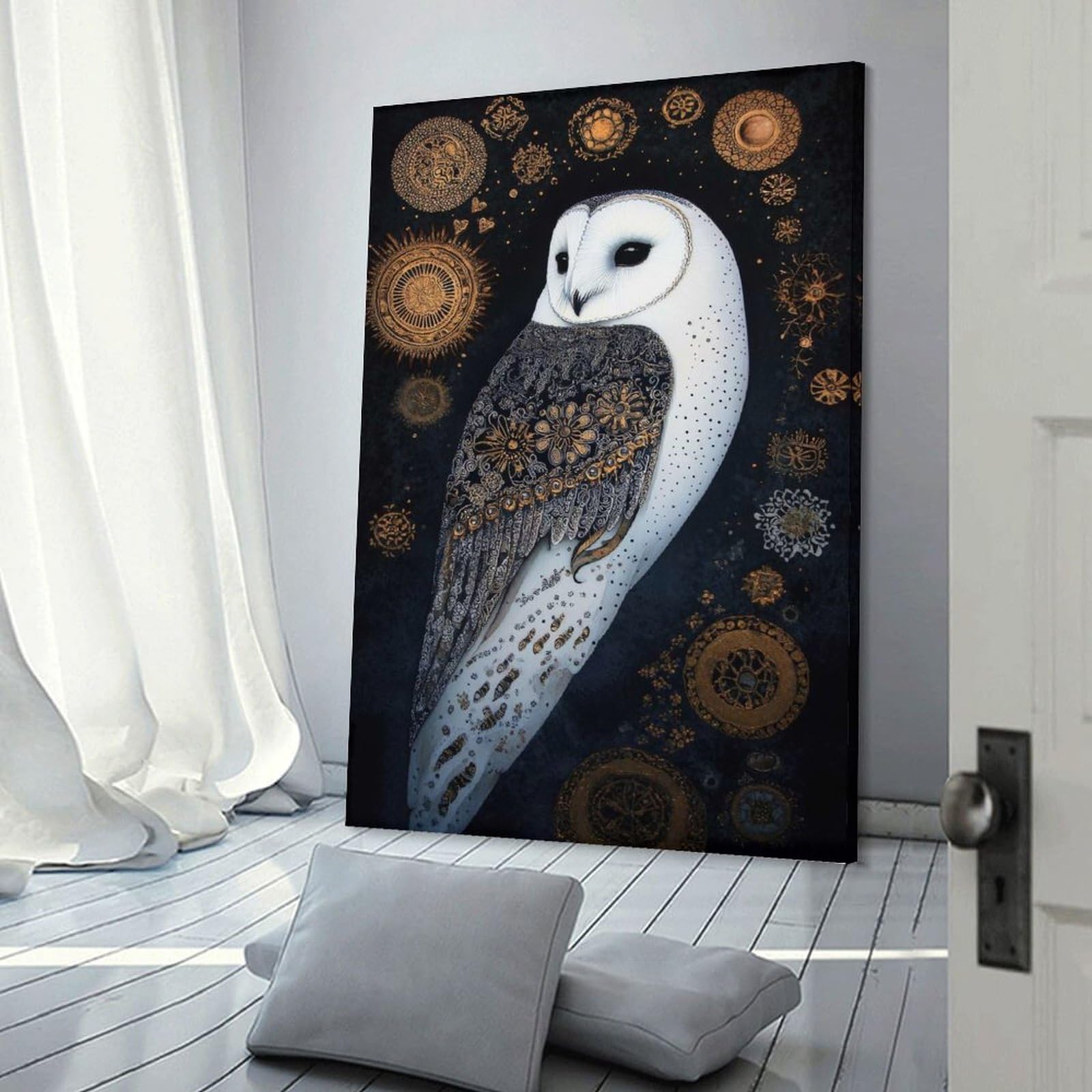 Junmoney Ornate Owl with Golden Celestial Ornaments Hanging Wall Art, 16x24inch(40x60cm), for New Homes, Bedrooms Or Workspaces, Thoughtful Wall Decor for Art Lovers