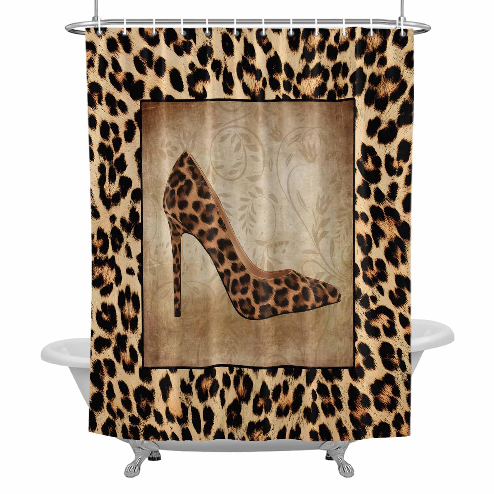 LooPoP Shower Curtain Set,Leopard Print Machine Washable Shower Curtain Set Fabric Shower Curtains for Bathroom Decoration Shoe High Heels 72x72IN