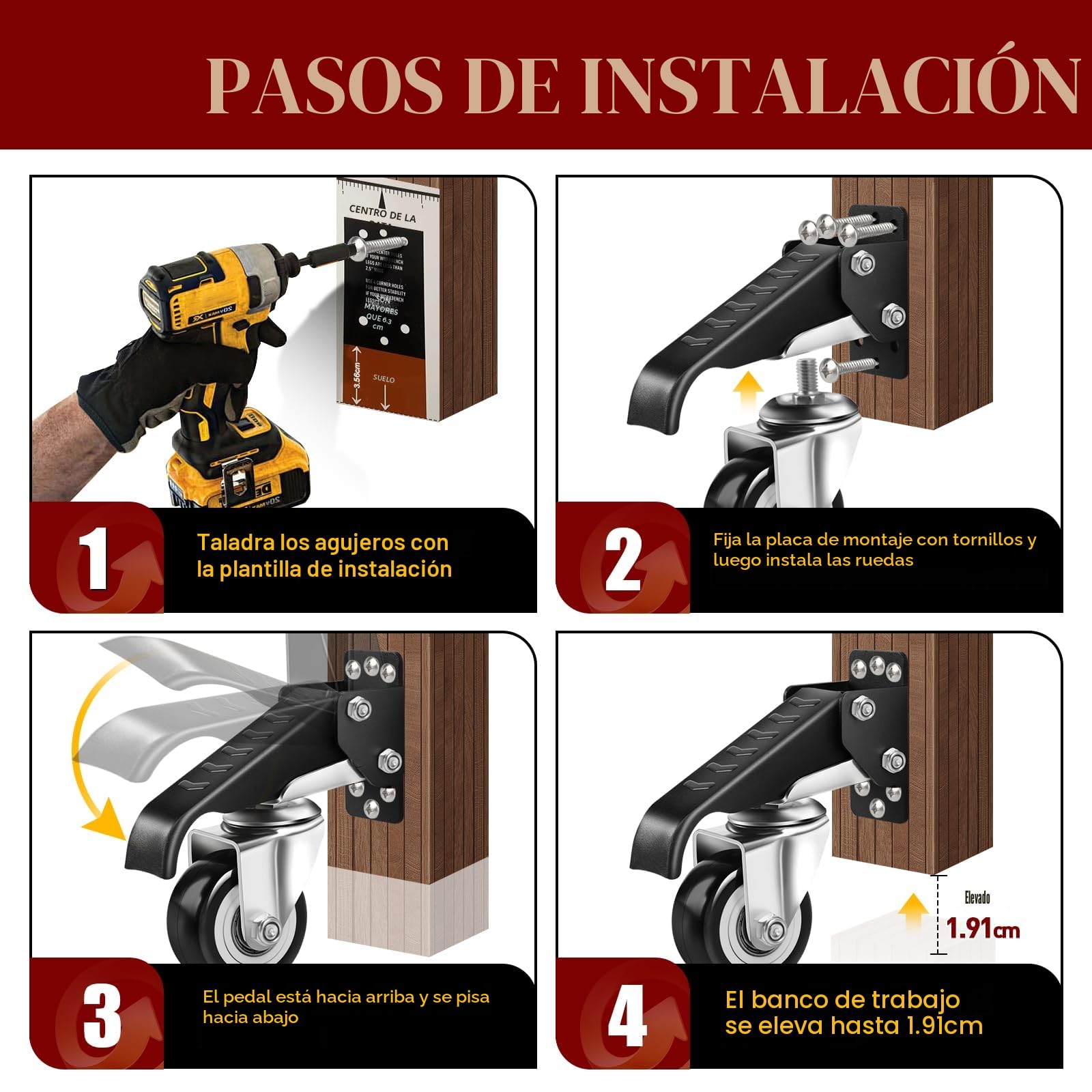 Yeabett Ruedas resistentes de 270 kg, ruedas retráctiles para bancos de trabajo, mesas y equipos, 4 unidades