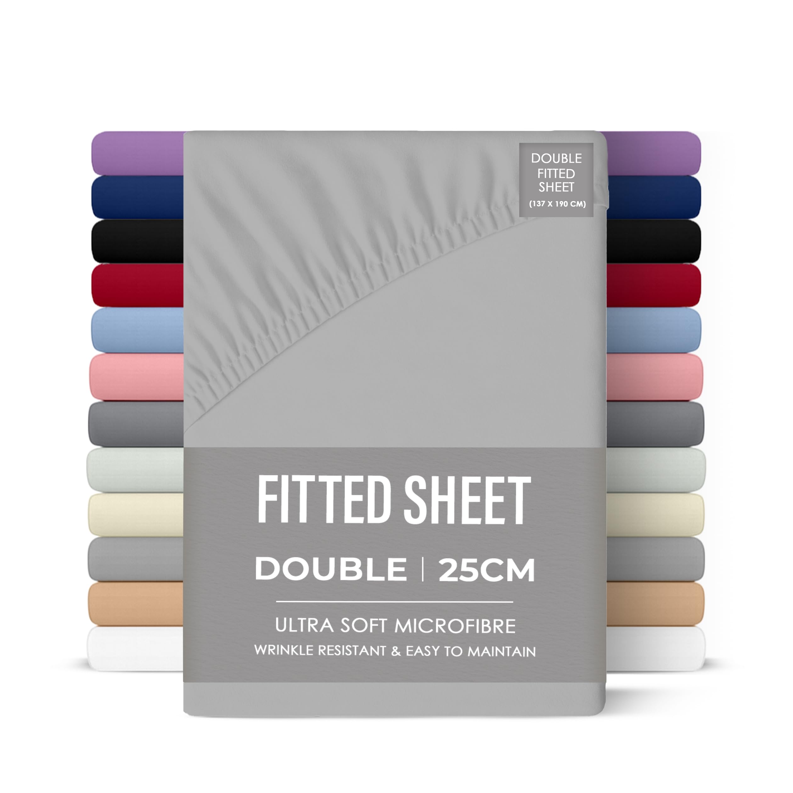 Rohi Silver 25Cm Deep Microfibre Fitted Sheet Double Bed – Comfy Soft & Breathable Deep Fitted Sheet With Elasticated Corners – Hypoallergenic & Durable Bed Sheet (, 137 X 190Cm)