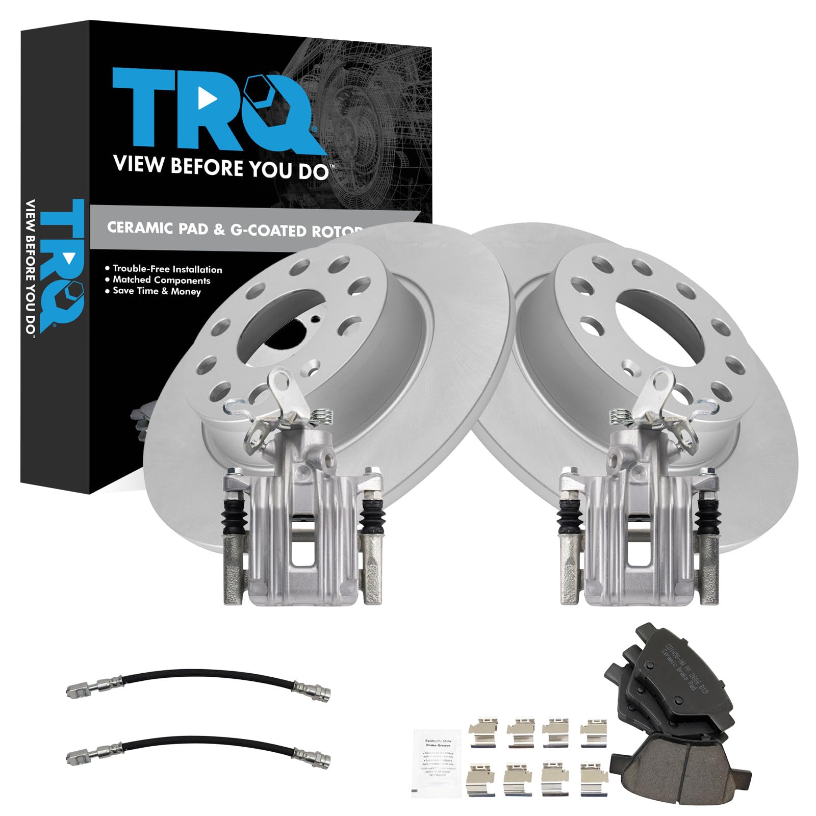 TRQ Rear Brake Pad and Rotor Set Ceramic G Coated Rotors Calipers Compatible with 2014-2015 Volkswagen Passat