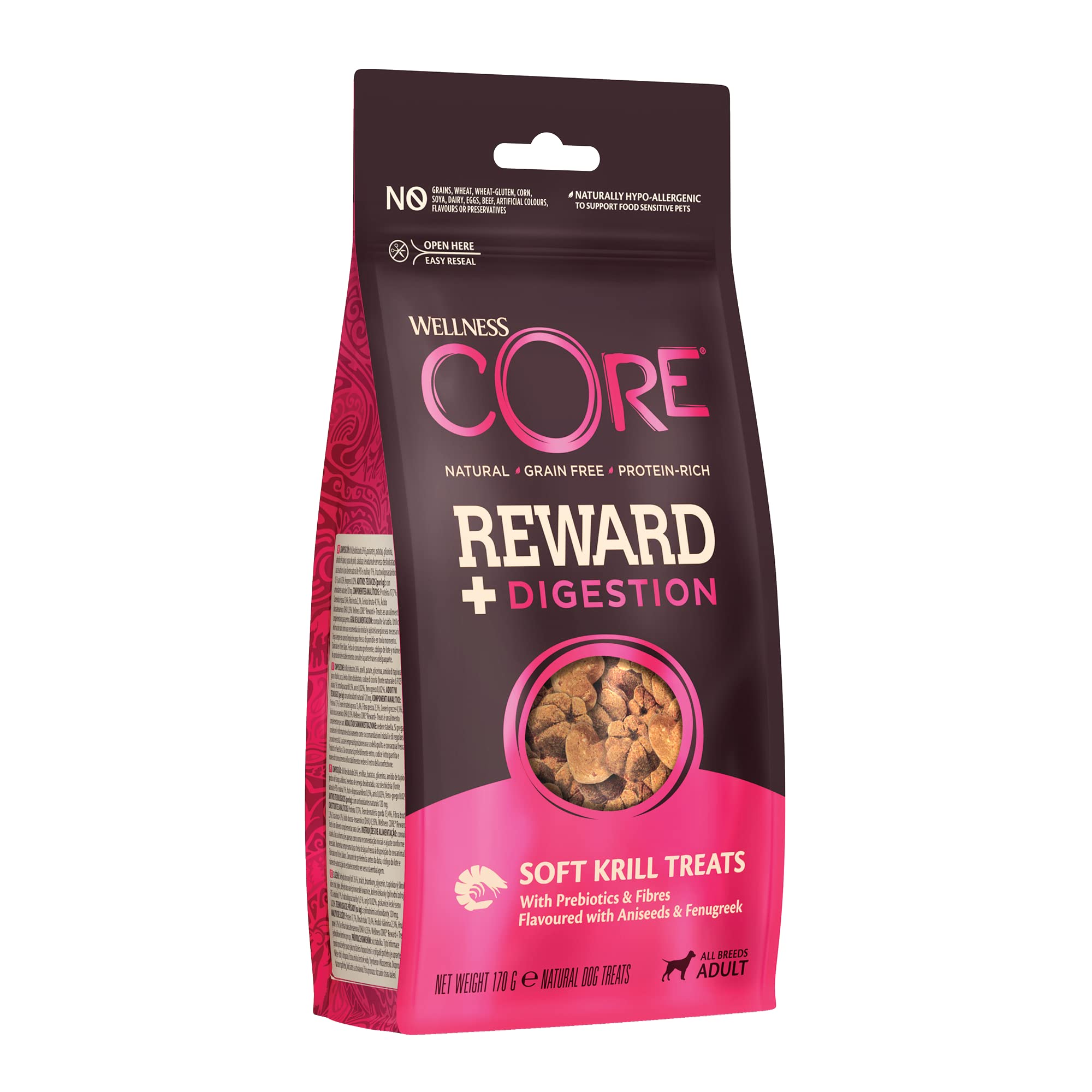 Wellness CORE Reward+ Treats Krill, Supports a Healthy Digestion, Soft Grain Free Dog Treats, 170g, brand is Wellness CORE, variation theme is Flavor that is Krill - Digestion, Size that is 170 g