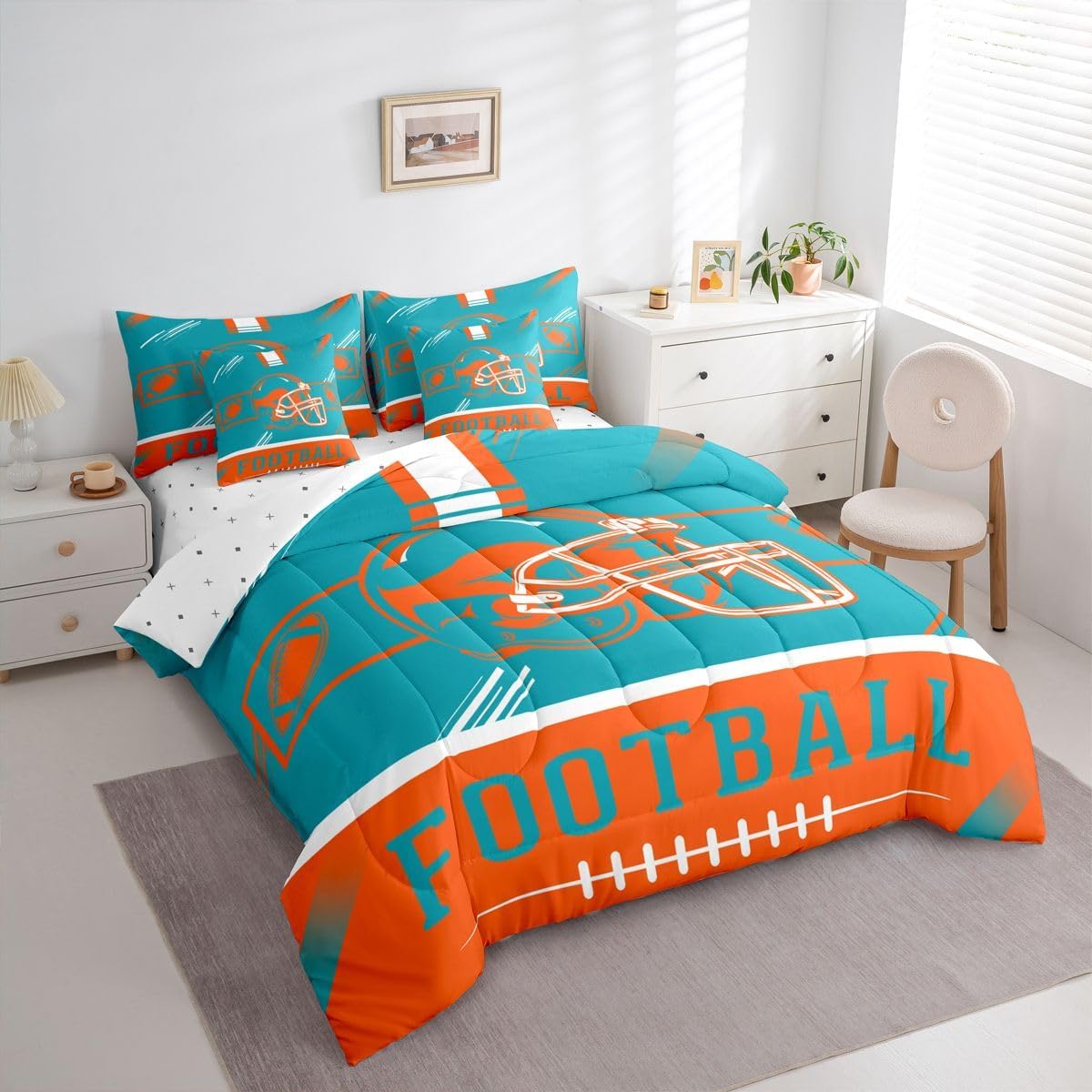 Erosebridal Rugby Helmet Bedding Set Queen Comforter Sets with Sheets Sports Room Decor for Boys Gridiron Bed in A Bag, Teal Orange Seasonal Color Bed Set, Sports Fans Gifts