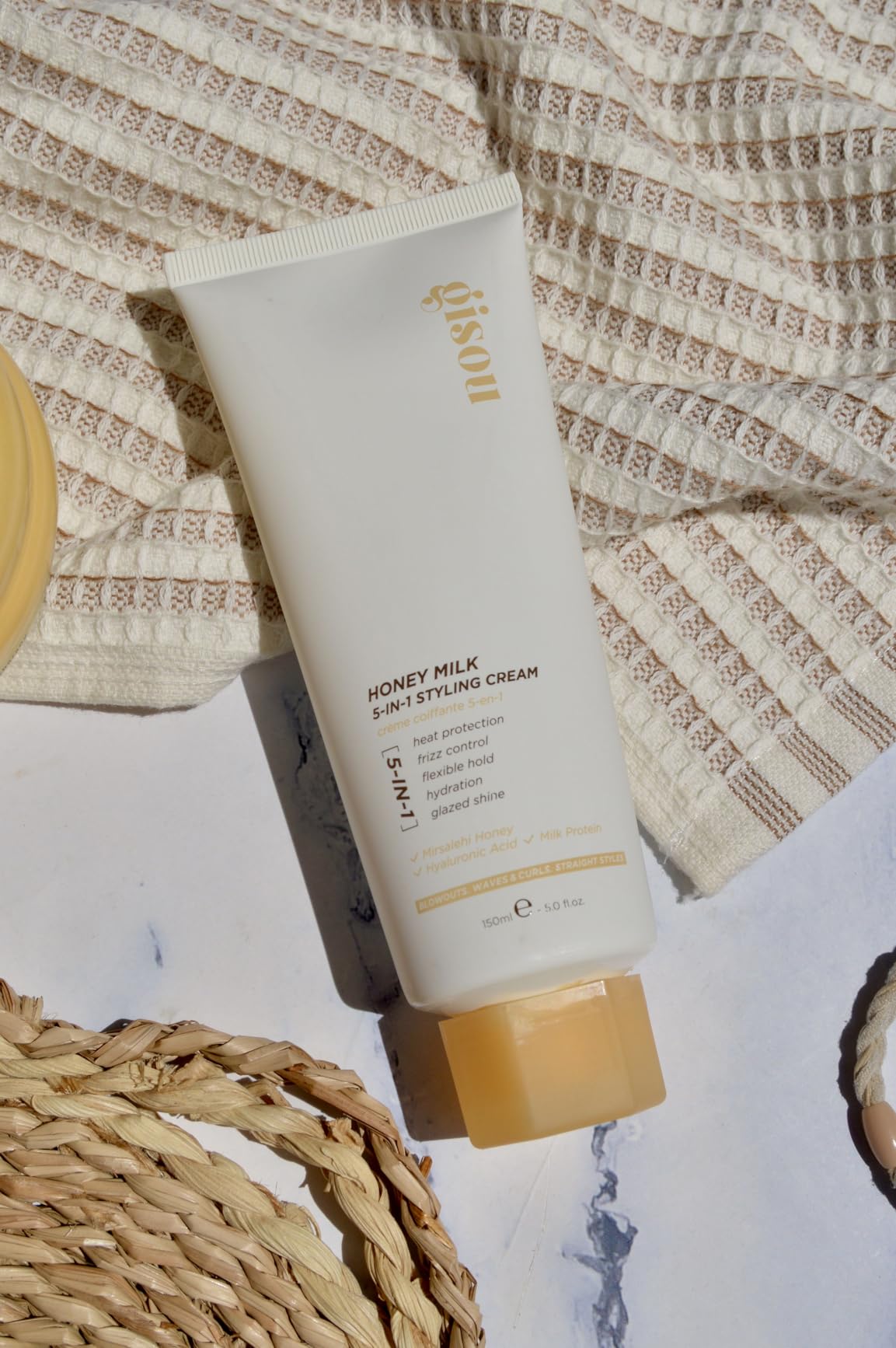 Gisou Honey Milk 5-in-1 Styling Cream - Heat Protection, Hydration, Frizz Control, Glazed Shine & Flexible Hold with Mirsalehi Honey & Hydrolyzed Milk Protein, 5.0 fl oz
