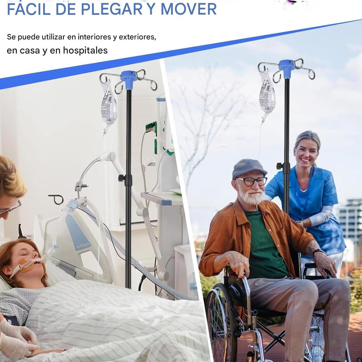 Soporte Portátil para Suero - Soporte Intravenoso para Hospital con Gancho para Botella - Equipo Plegable con Ruedas para Clínicas Asistencia Domiciliaria Uso Diario Interior Y Exterior