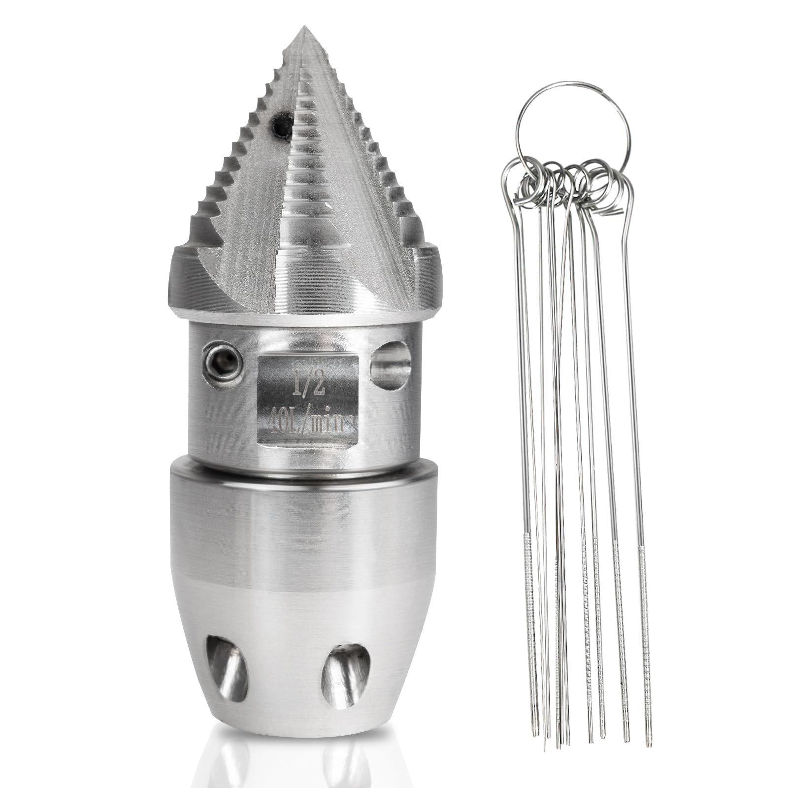 1/2 NPT Sewer Jetter Rotating Nozzle - Stainless Steel, Drain Pipe Cleaning Nozzle for 40 L/min Pressure Washer Cleaning (Silver Head)