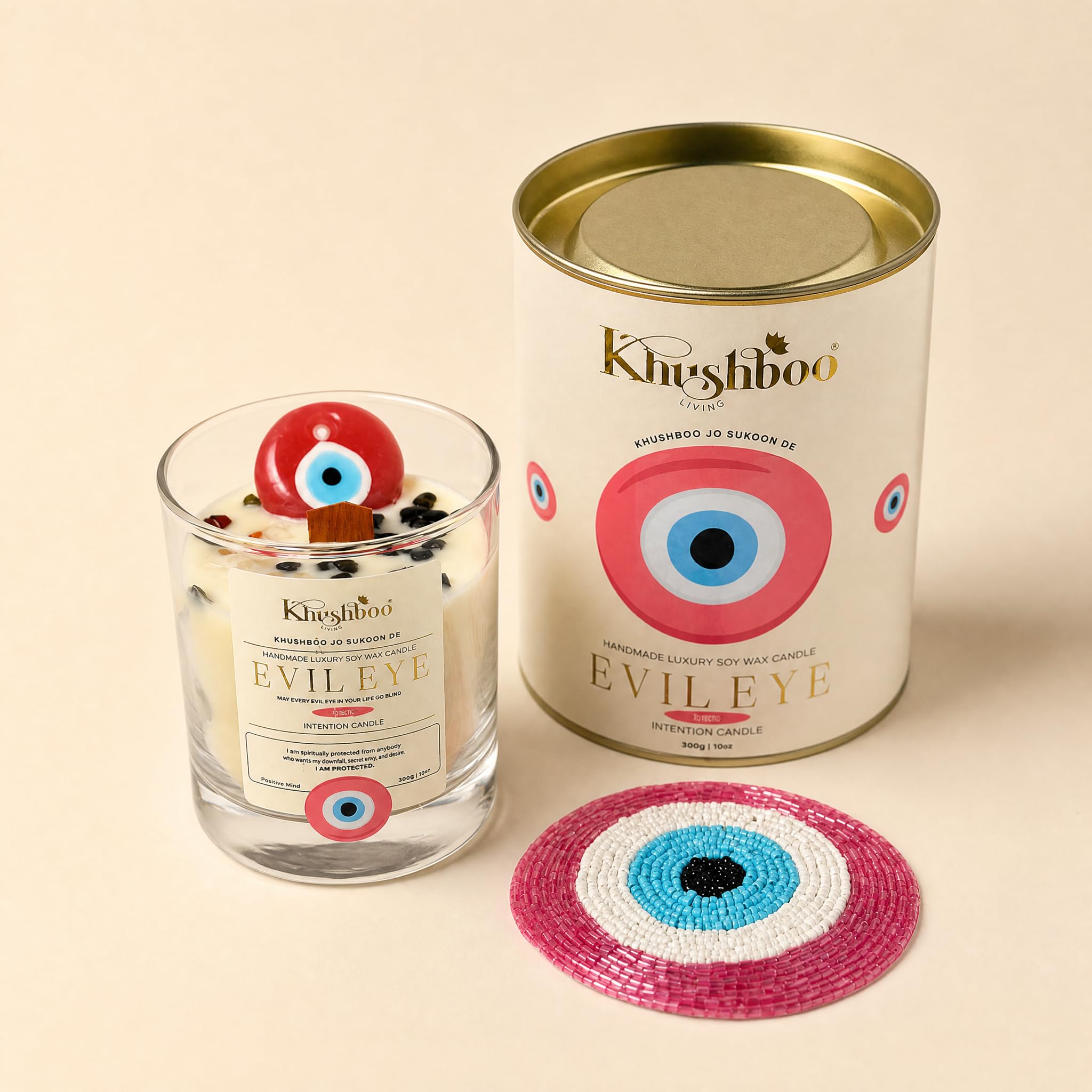 Evil Eye Scented Candle with Real Gemstones – 100% Soy Wax | Attracts Love & Positive Energy | Spiritual Aromatherapy, Home Decor & Gifting, with Coaster (450g) (Bulgarian Rose, Pink Evil Eye)