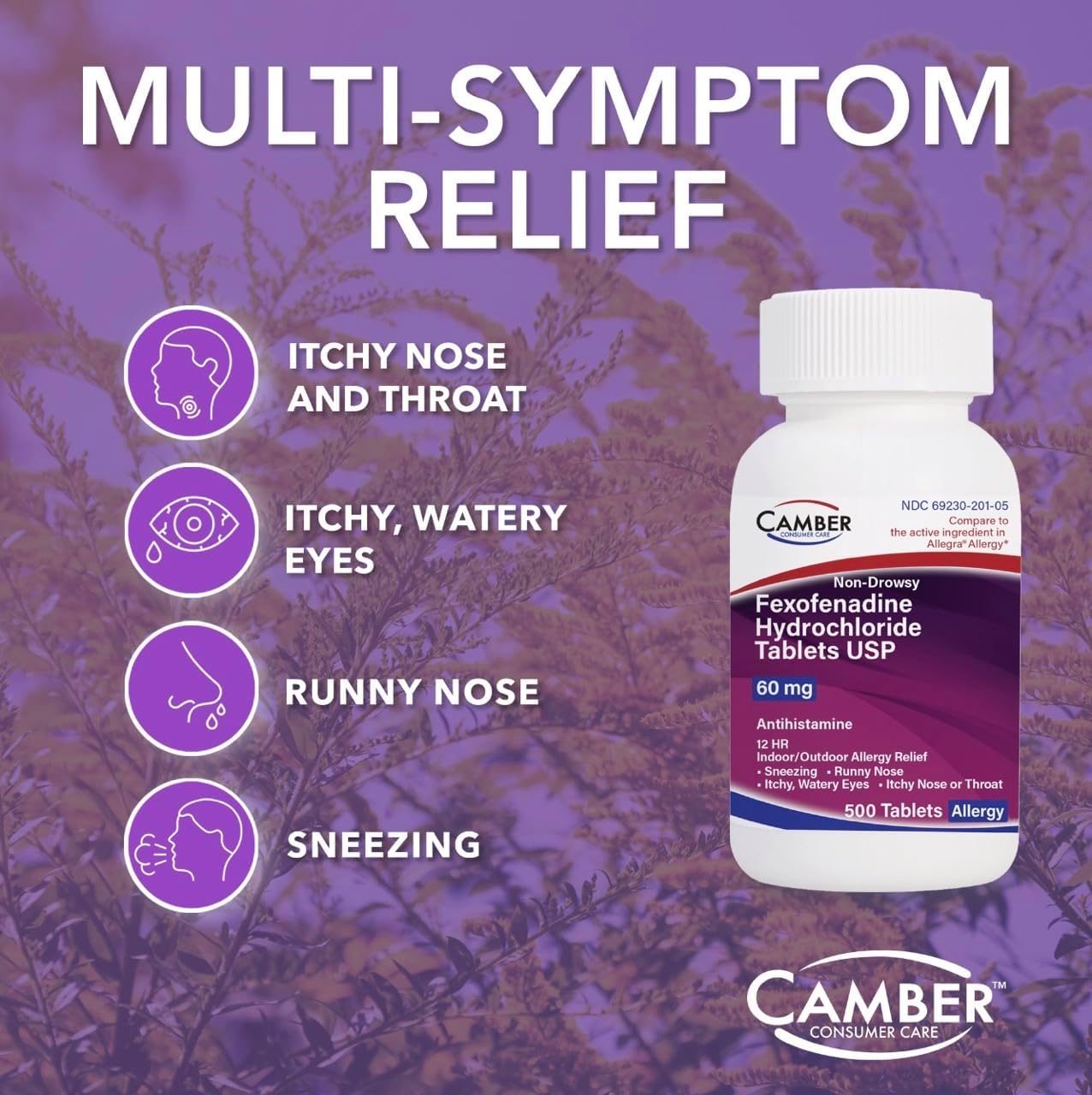 Camber 12 Hr Non-Drowsy Fexofenadine Antihistamine Indoor Outdoor Allergy Relief Tablets 500 Count Family Size