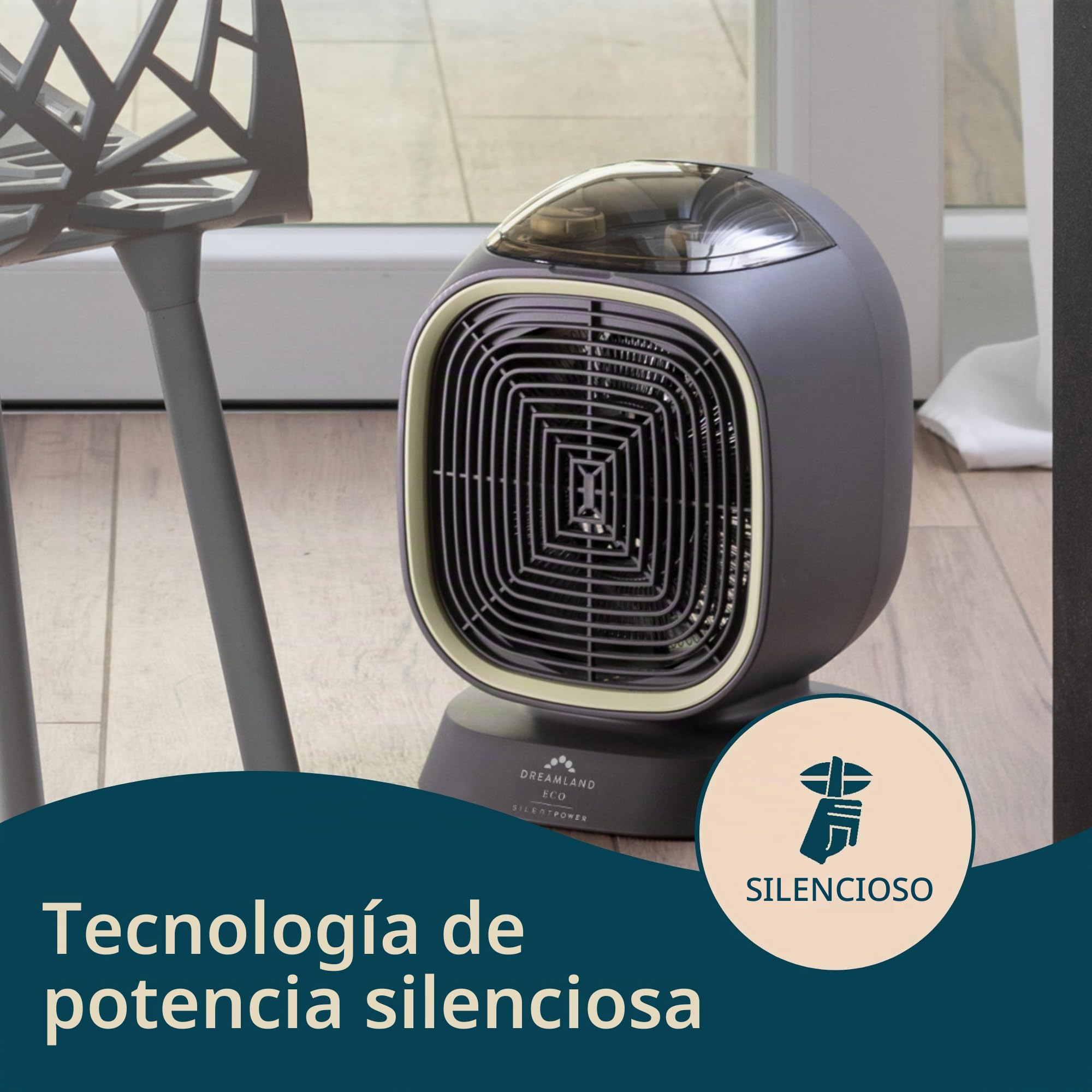 Dreamland Silent Power - Calentador de ventilador portátil con 4 modos de calefacción (35% de ahorro de energía con tecnología ecológica, función anticongelante, grado de protección IP21, hogar con