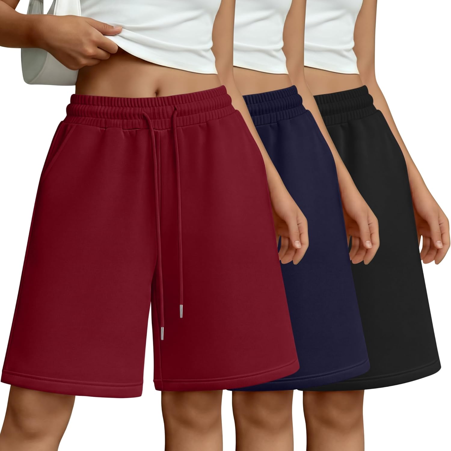 3 Pack Women's Bermuda Shorts Pockets High Waist Knee Length Casual Athletic Drawstring Summer Loose SweatShorts
