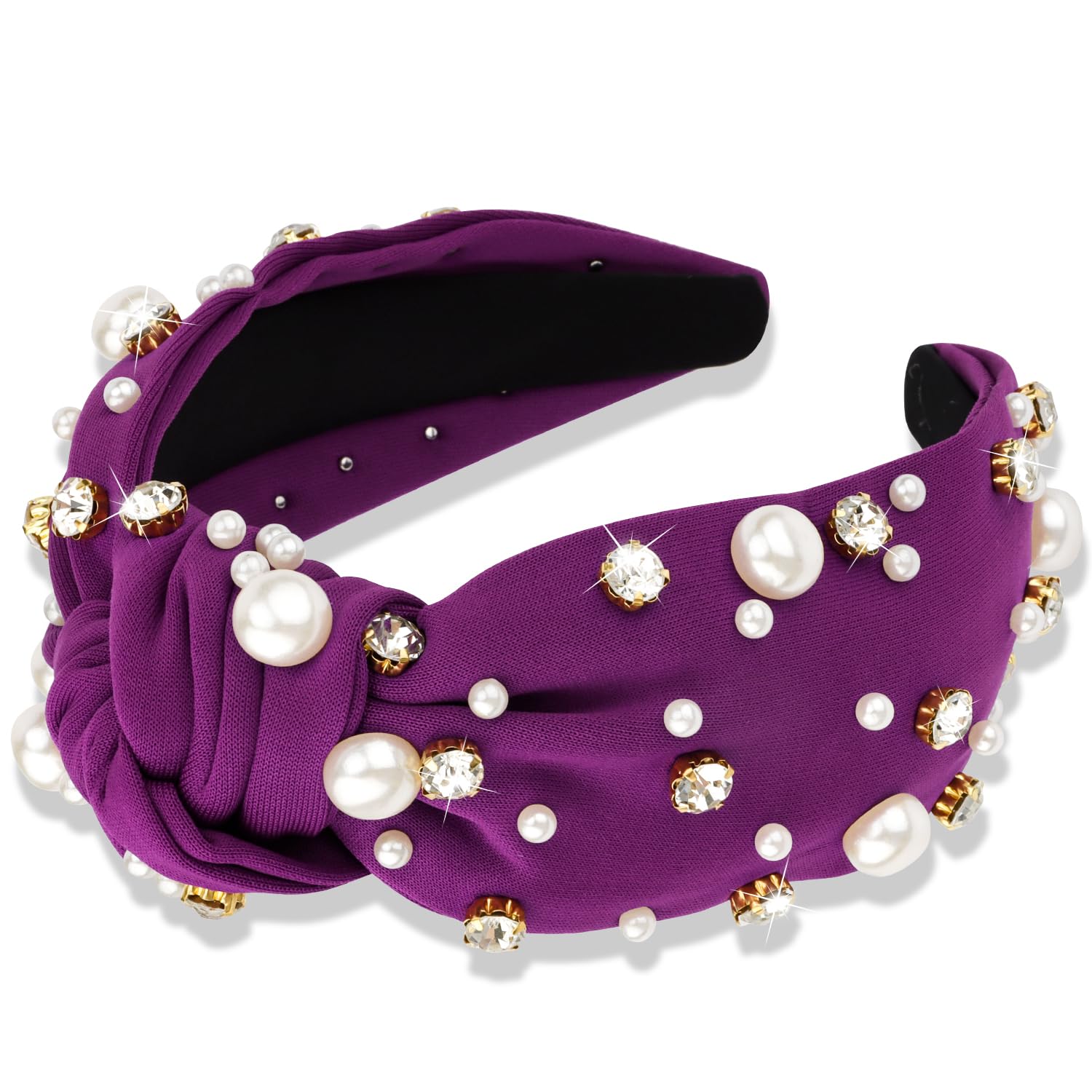 New handmade boutique rhinestone pearl top knot flexible wide headband purple Make It Shimmer Headband | Rhinestone & Pearl Topknot  main image 4