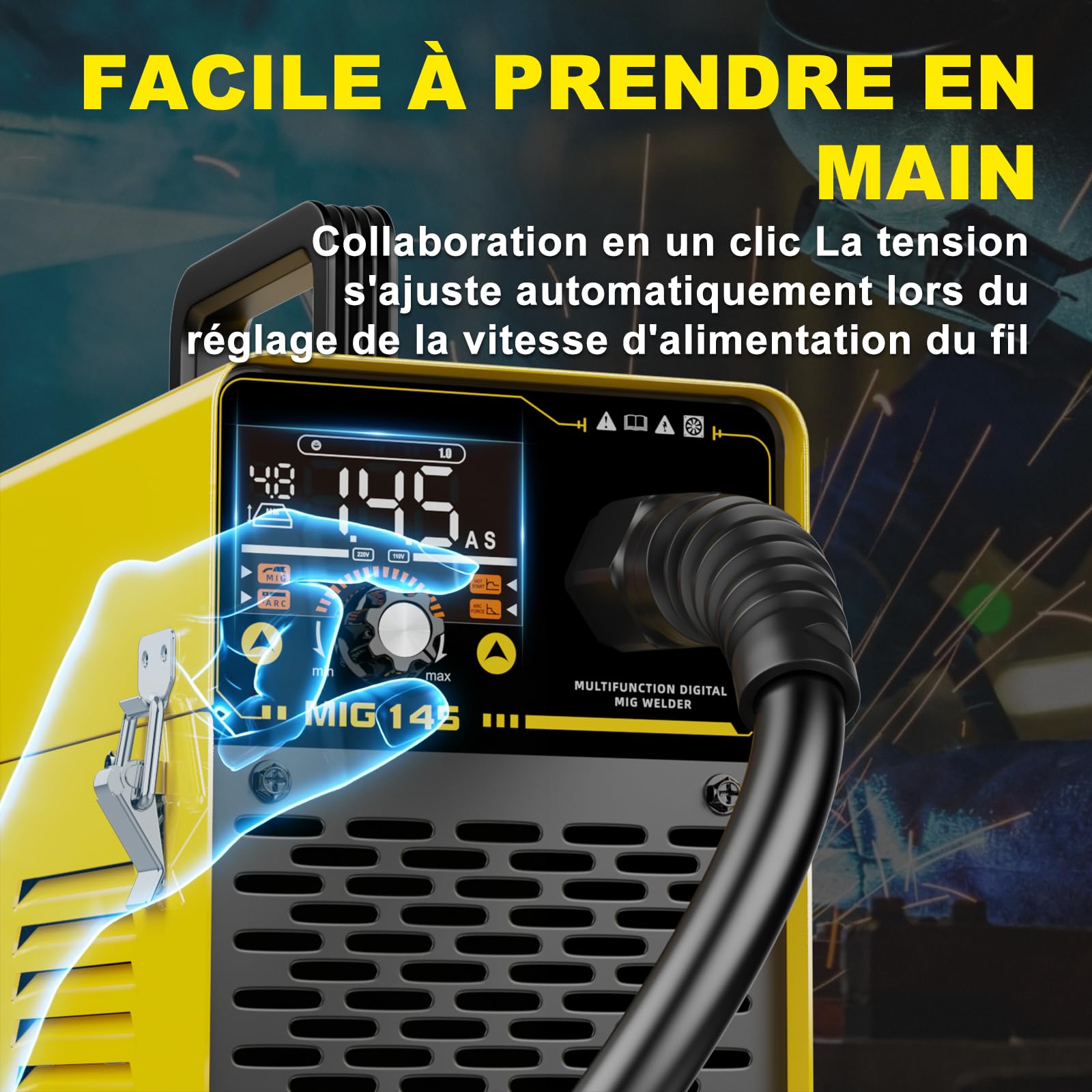 Haxiaoer 145A Poste a Souder Fil Fourré Sans Gaz, 3 en 1 Synergie Poste à Souder MIG (FCAW/MMA, ARC/Lift TIG), IGBT Poste a Souder Inverter avec Fil de 1.0mm, Démarrage à chaud, poussée d'arc, Jaune