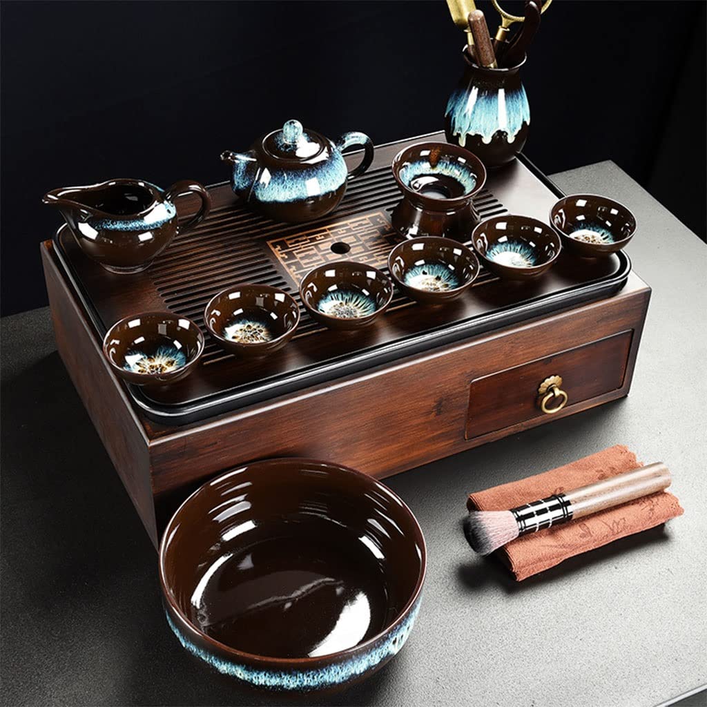 DFGHNBVC Tea Serving Tray,Double Layer Design,Drawer Design, Metal Handle,Chinese Gongfu Tea Table Serving,Easy Drainage,B