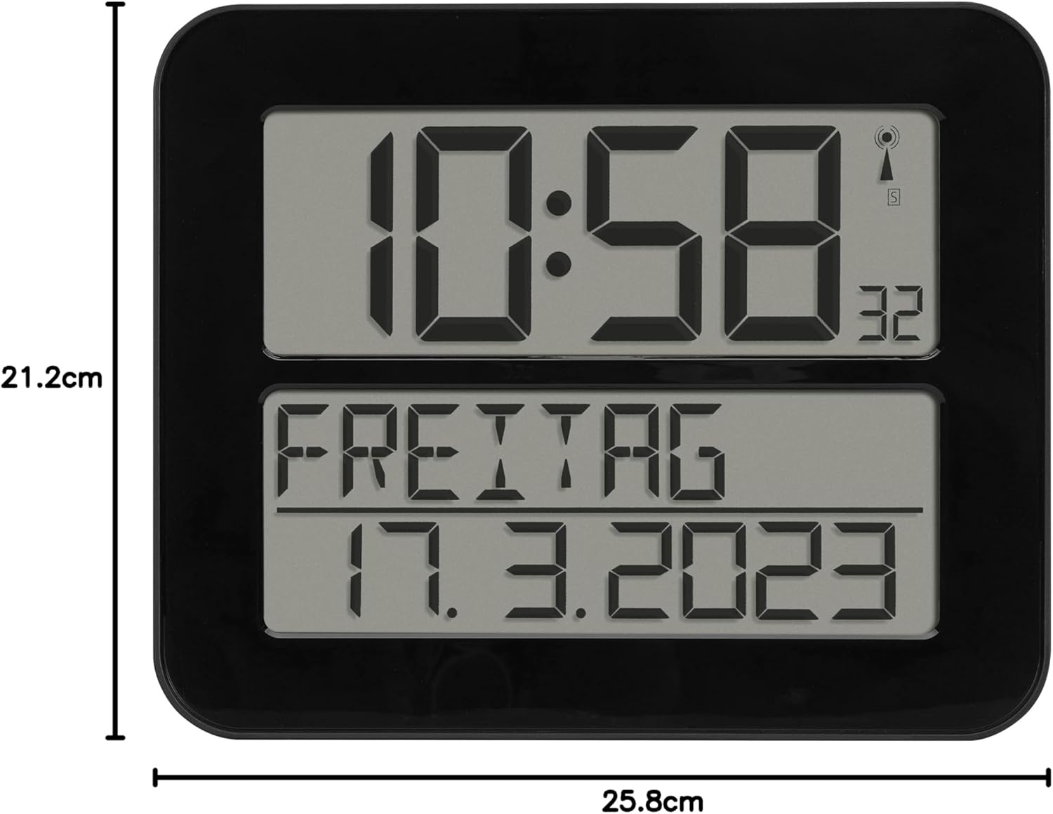 Front view of the TFA Dostmann Timeline Max clock with dimensions overlaid, showing a width of 25.8cm and a height of 21.2cm.
