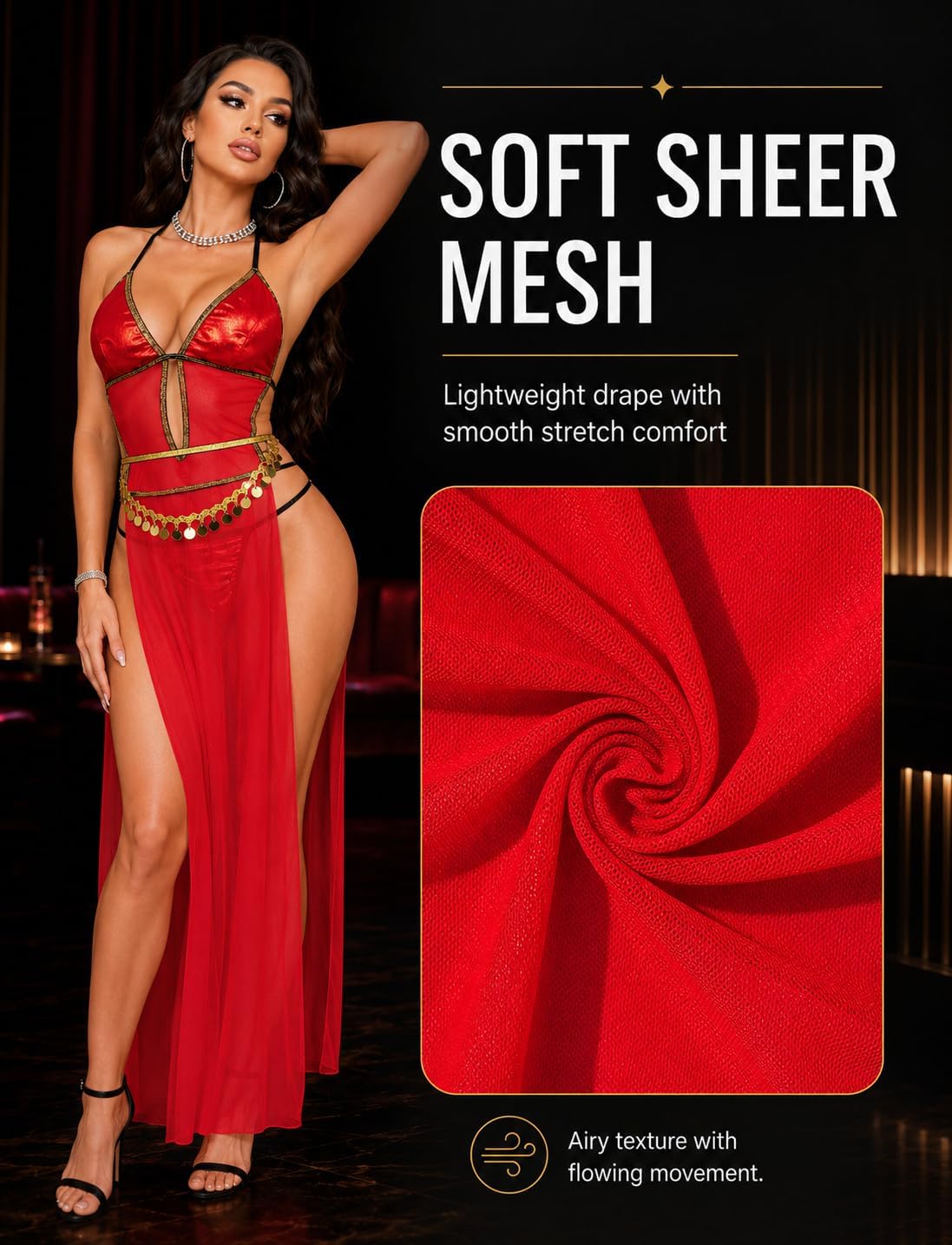 SEAUR Women Sexy Babydoll Lingerie Set Mesh Nightdress V Neck Side Split Nightwear