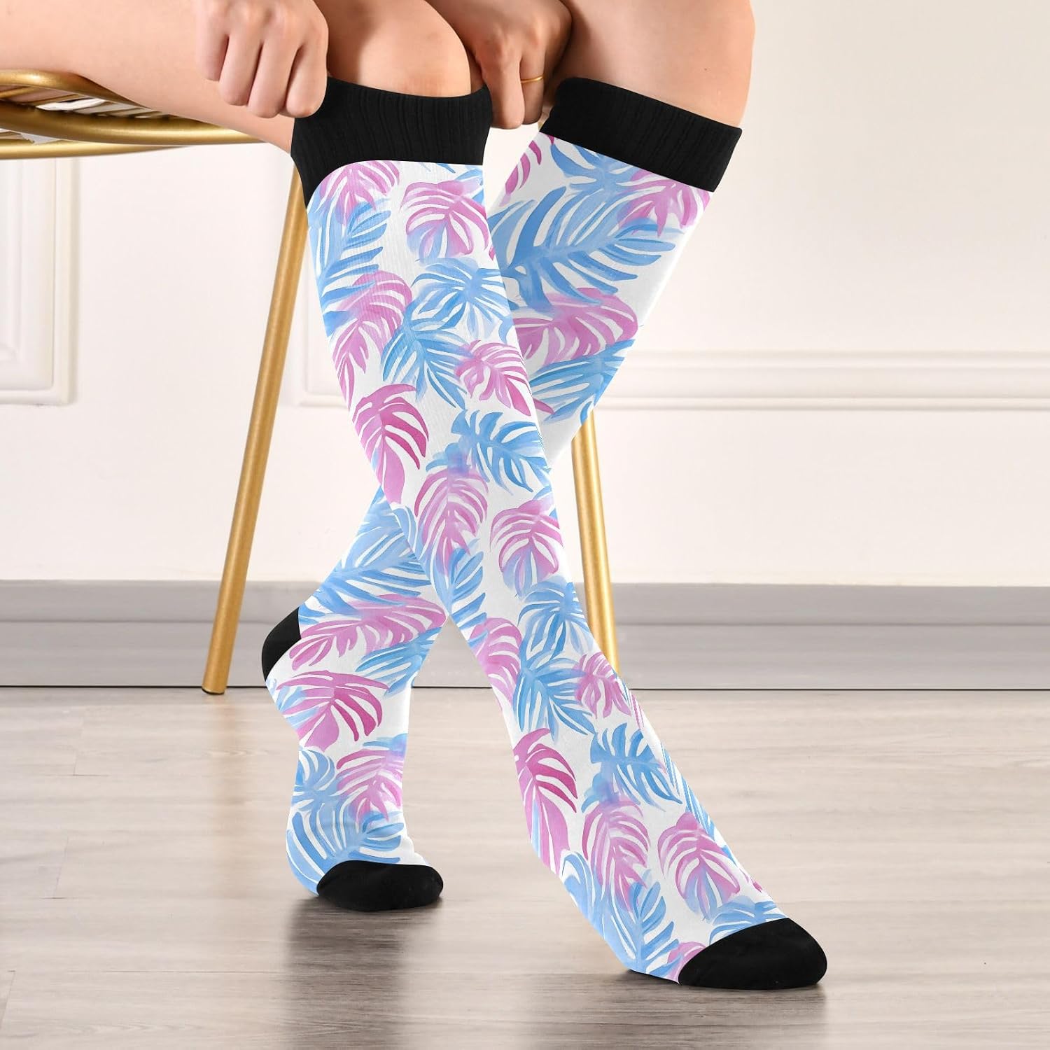 Blue Pink Palm Leaf Knee High Socks for Women Men Stockings for Running Cycling Fitness Sport Casual
