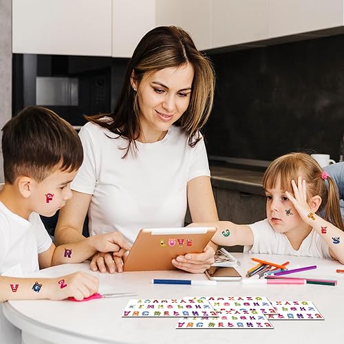 Miniatura 4 de Casciybo Tatuaje temporal de letras para niños, 10 hojas coloridas de dibujos animados de monstruos ingleses, calcomanías impermeables para niños,