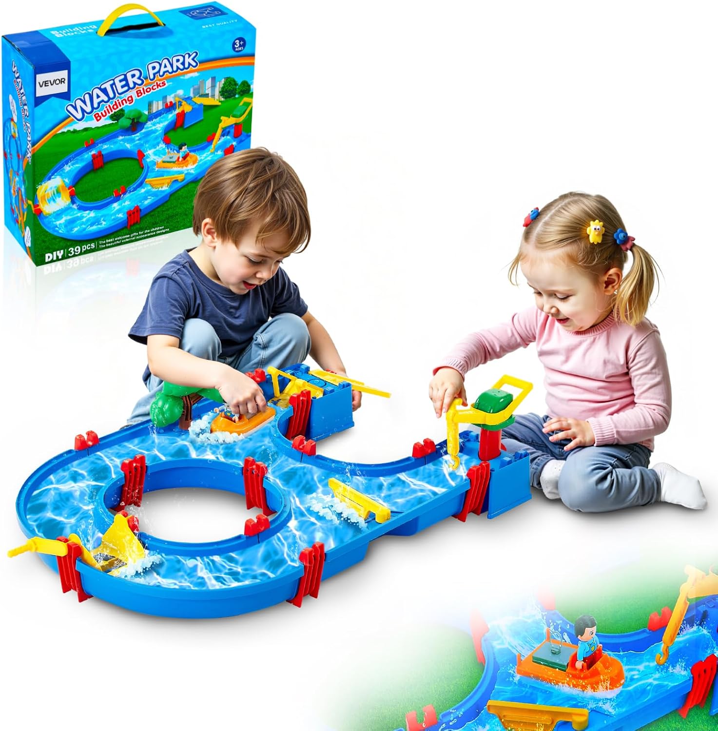 VEVOR Water Table for Toddlers, Kids Activity Play Waterway, Outdoor Summer Water Park Playset with 39PCS Accessories for Backyard Lawn Beach, Activity Sensory Play Table for 3+ Years Boys Girls