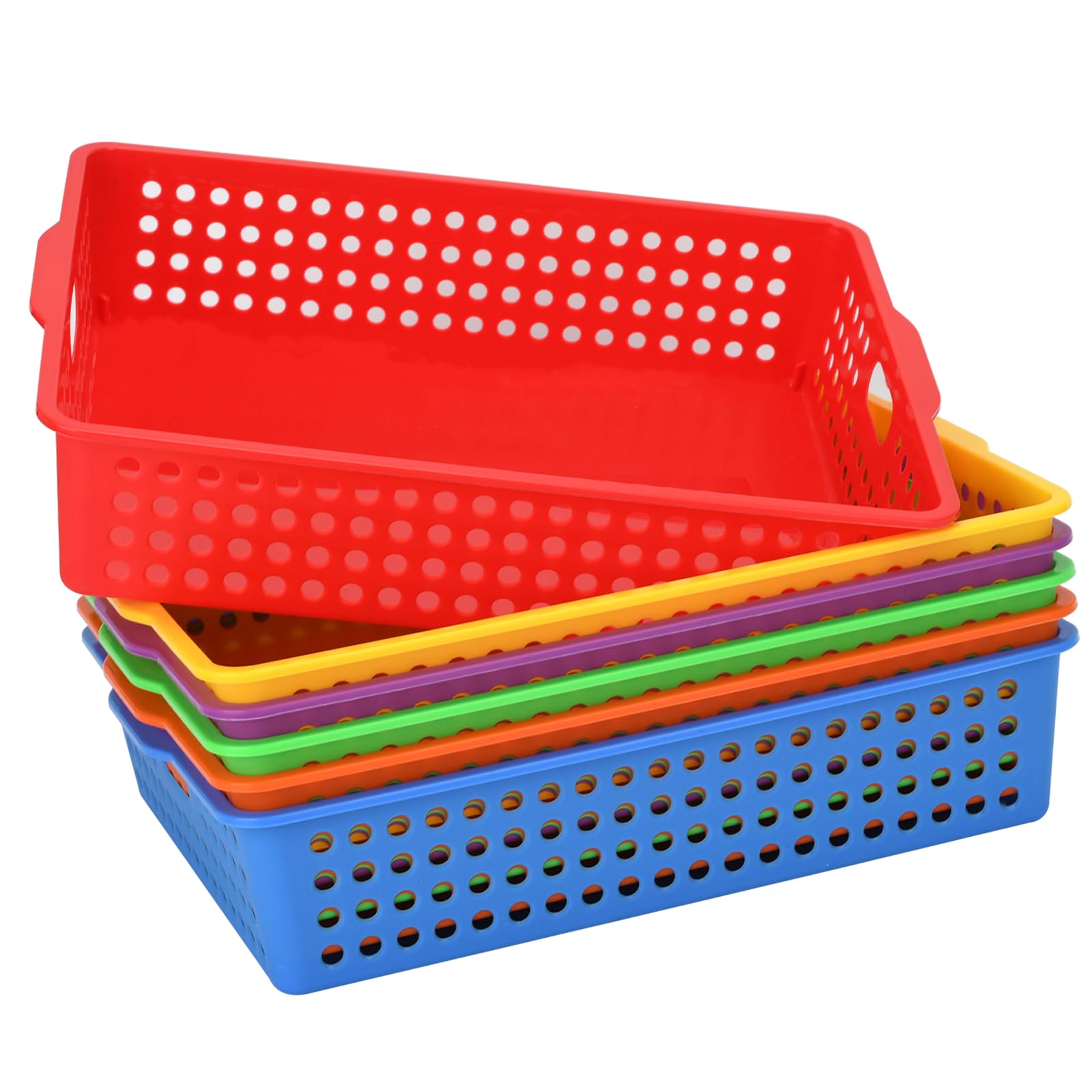 6-Pack Stackable Paper Trays with Handles, Modern Desktop Organizer for A4 Documents, Homework Turn-in Bins for Classroom & Office Use (Rainbow)