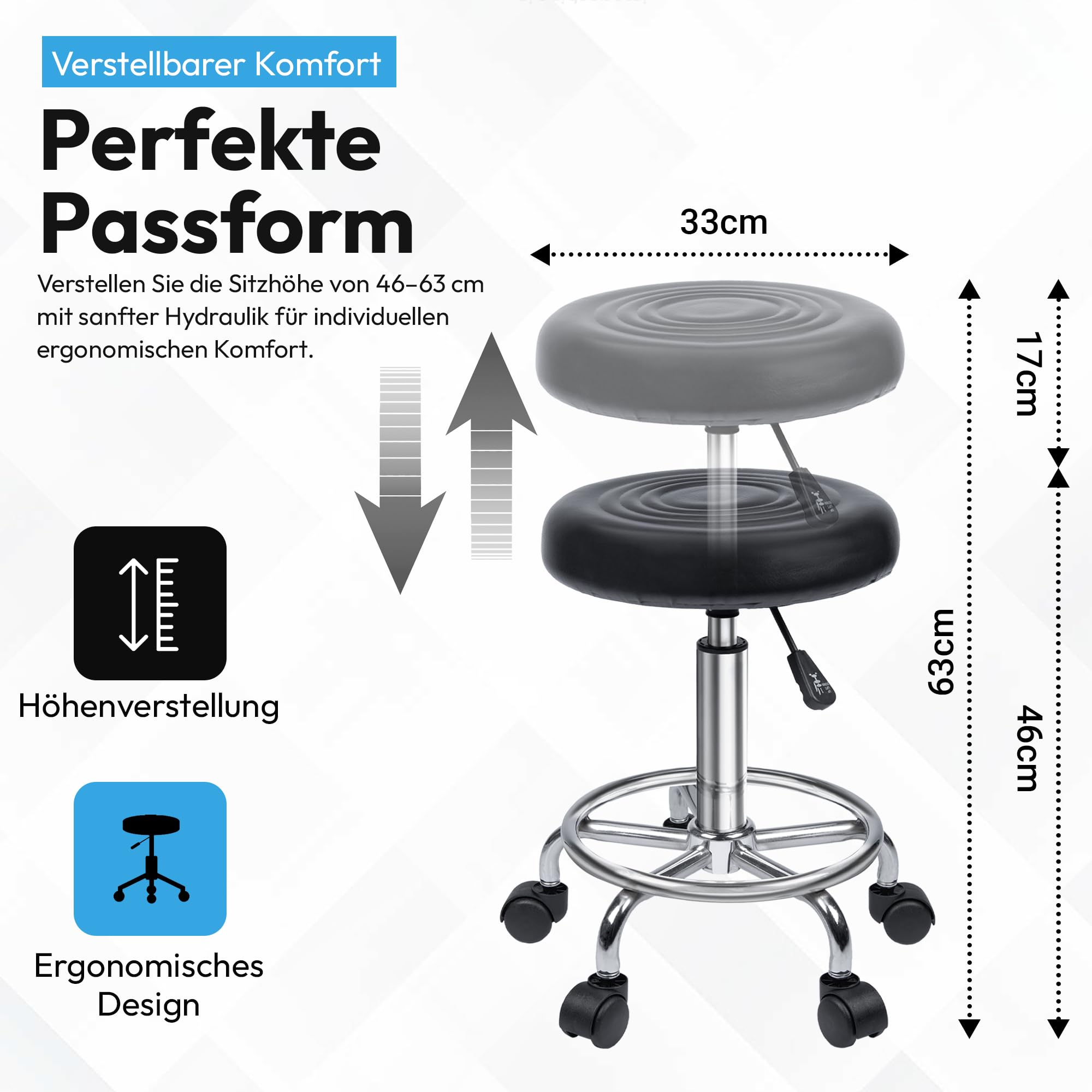 GOODS+GADGETS Ergonomie rollbarer Arbeitshocker Drehhocker Barhocker Praxishocker Rollhocker höhenverstellbar, schwarz