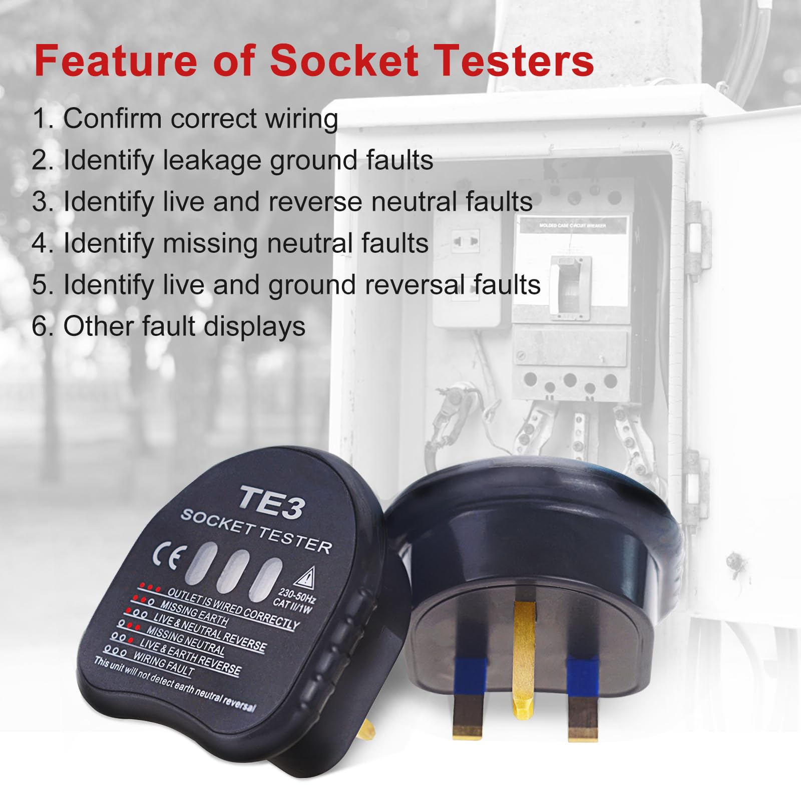 Socket Tester UK, Electrical Tester, 250V Rcd Plug Sockets, Circuit Meter with 3 Neon Indicators, Automatic Voltage Testers - Image 4