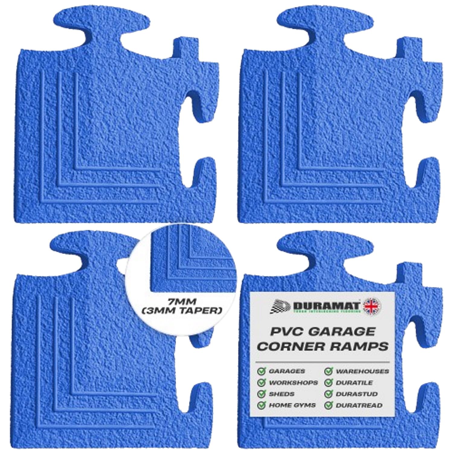 Corner Piece – Blue Heavy Duty Interlocking Garage Flooring Tile | 500mm x 500mm x 7mm | PVC Floor Tile for Workshop, Home, Showroom & Automotive Use | 50cm Corner Peice - Blue x4