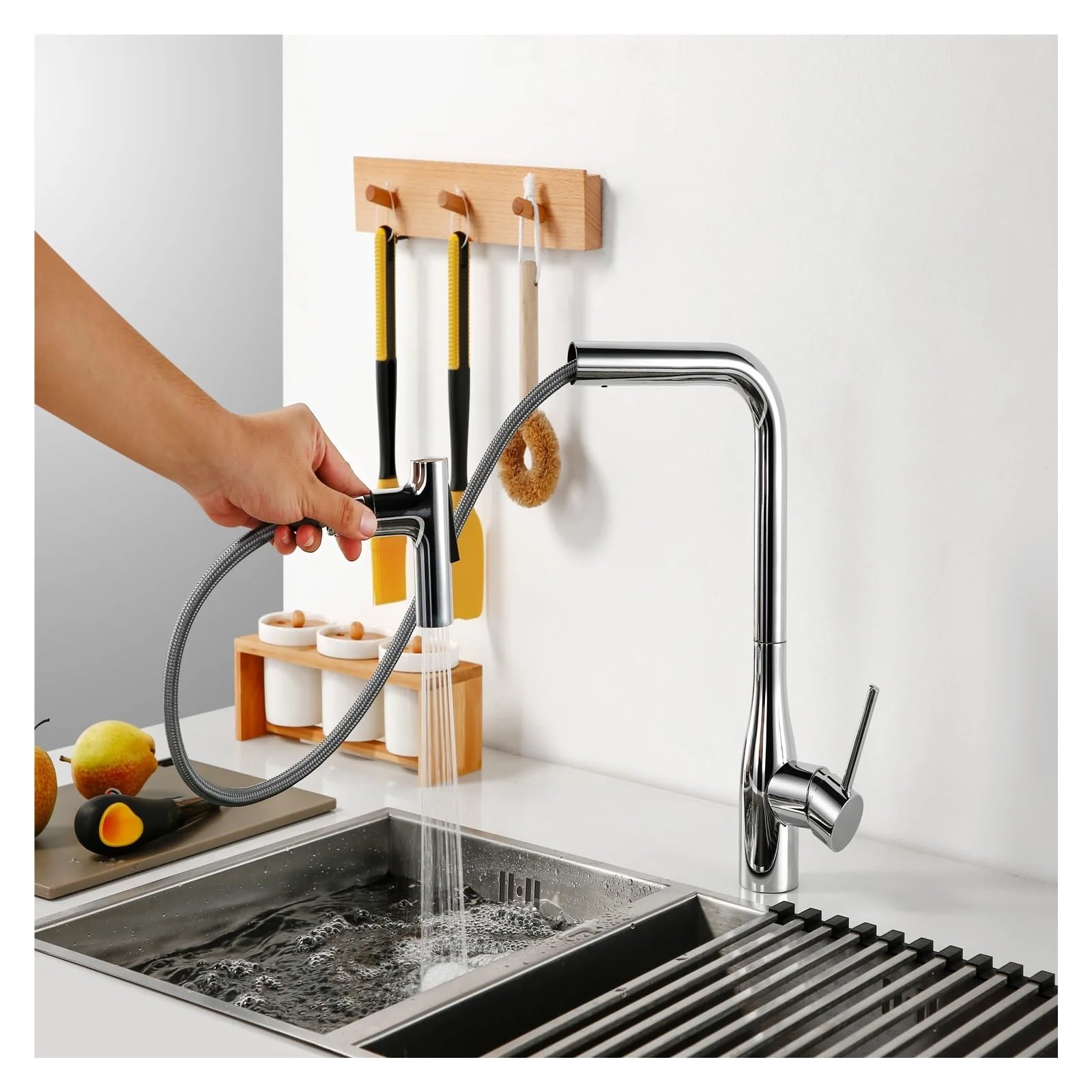 Ausziehbarer Küchenwasserhahn-Schlauch Küchenarmatur-Schlauch-Ersatz, herausziehbarer, geflochtener, flexibler Sanitärschlauch aus Nylon, G1/2 M15 x 1, Spinnrohr-Zubehör(Black,300cm)