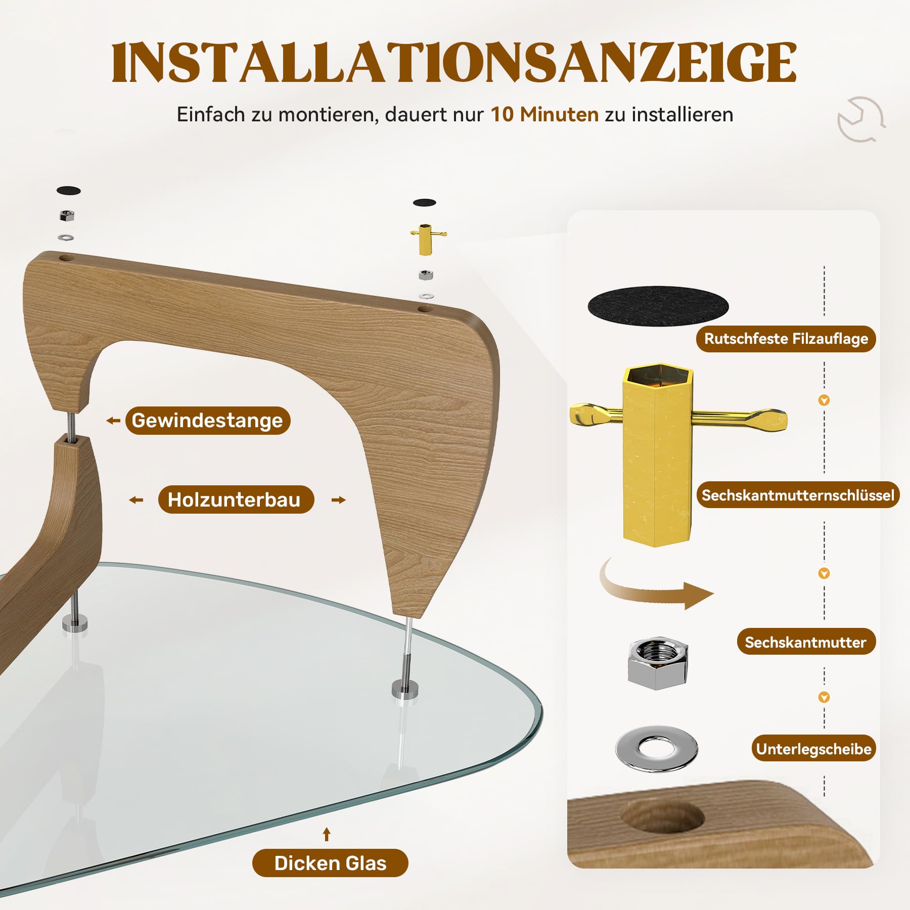 Beistelltisch Dreieckig Couchtisch Glas Transparent, Wohnzimmertisch im Skandinavischen Design, MDF Holz Beine Naturholz-Farbe, 90x60x43cm, Moderner Kaffeetisch Sofatisch Glastisch