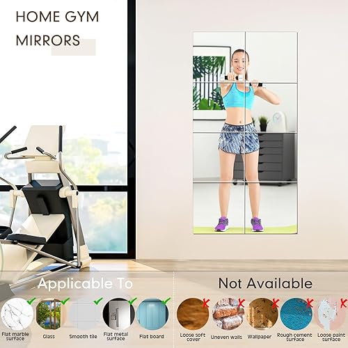 Miniatura 4 de Queekay 20 espejos de gimnasio en casa de 12 x 12 pulgadas, azulejos de espejo autoadhesivos para entrenamiento, sin marco, espejo de pared acrílico