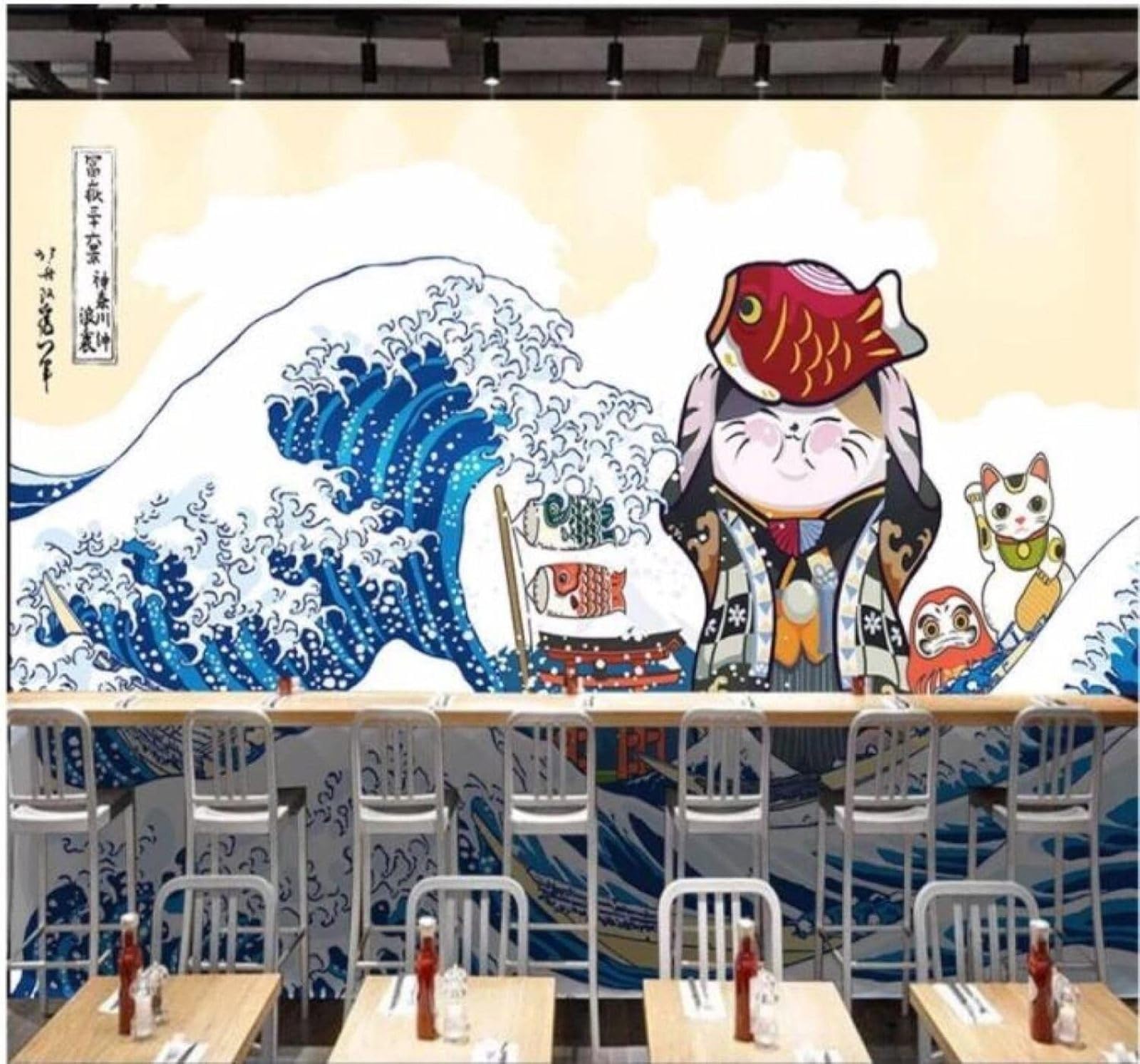 Xlming 300Cm×210Cm(B×H) Blue Waves Kitten Sushi Restaurant Industrial Decor 3D Wallpaper Luxury Home Dining Decor Paste Sofa Living Room The Wall For Bedroom Mural-300Cm×210Cm