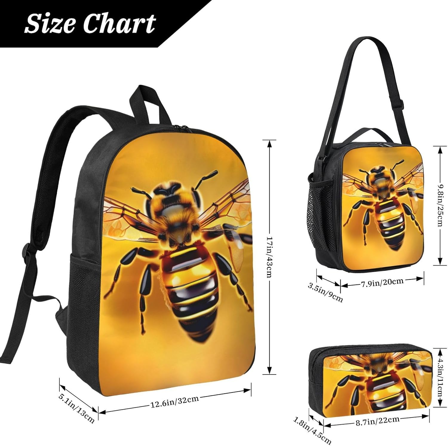 Bee flying print 3 Piece Backpack Bags with Lunch Box Pencil Case Set for Travel Work Camping Unisex