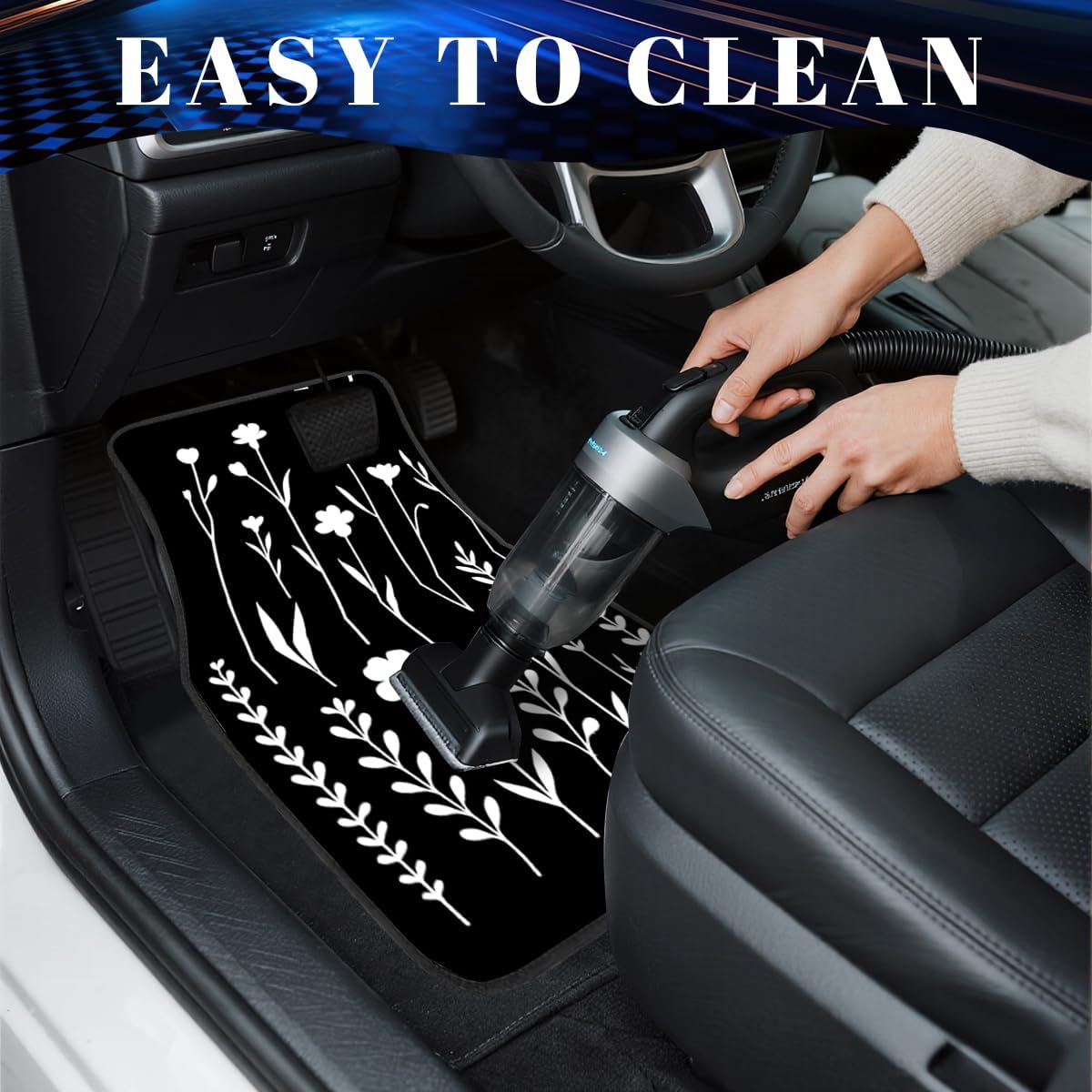 Botanical Car Floor Mats Set of 4 Black White Minimalist Floral Silhouette Automotive Foot Mats Rugs Carpet for Car Non-Slip Auto Car Accessories Universal Fit Car Accessories for Truck