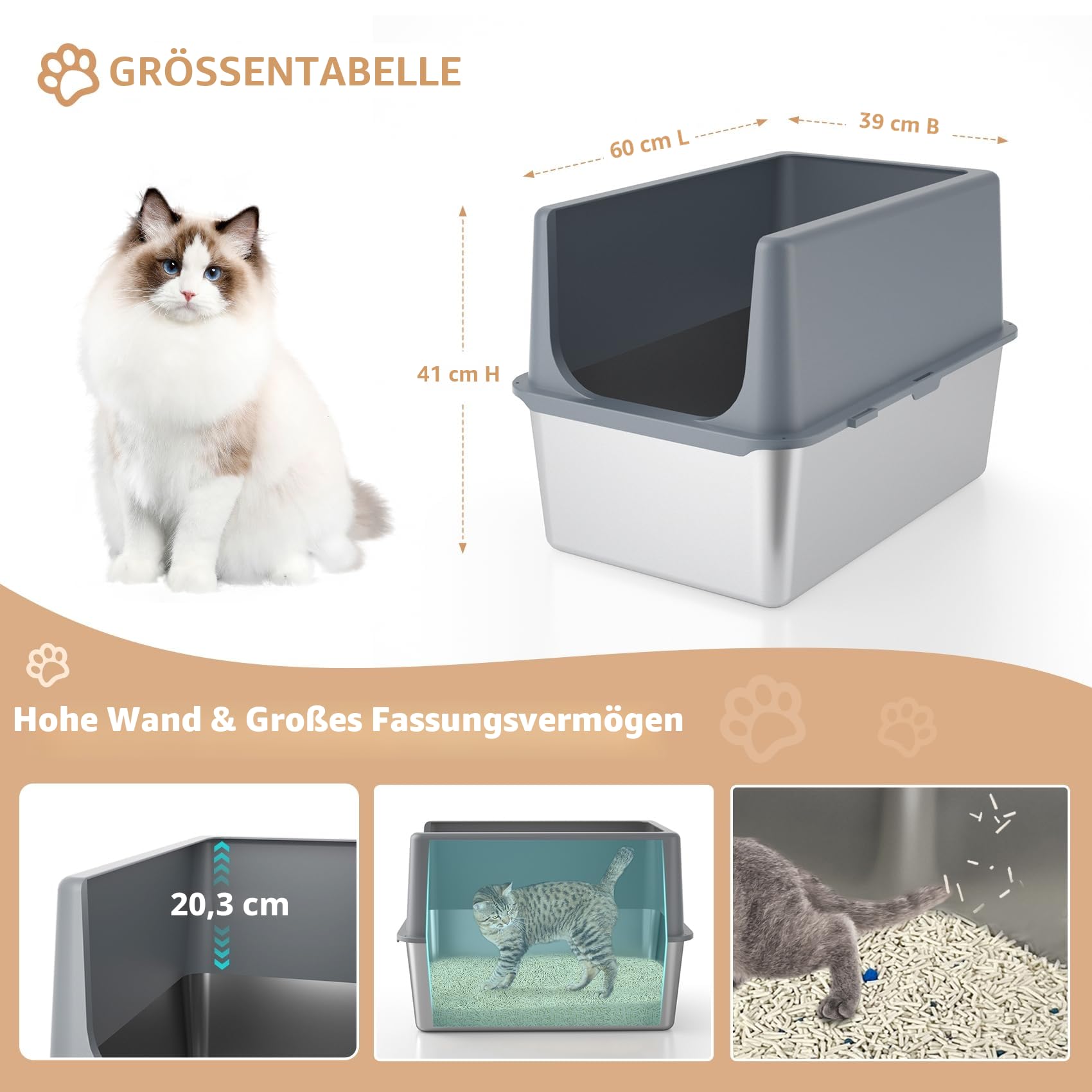 Katzenklo Edelstahl mit Deckel, Katzentoilette XXL, 40,5 cm Hohem Rand | Katzenklo xxl Große Katzen,Katzenklo Offene, Extra Große Katzentoilette mit Grauem Deckel, Leichtes Reinigen