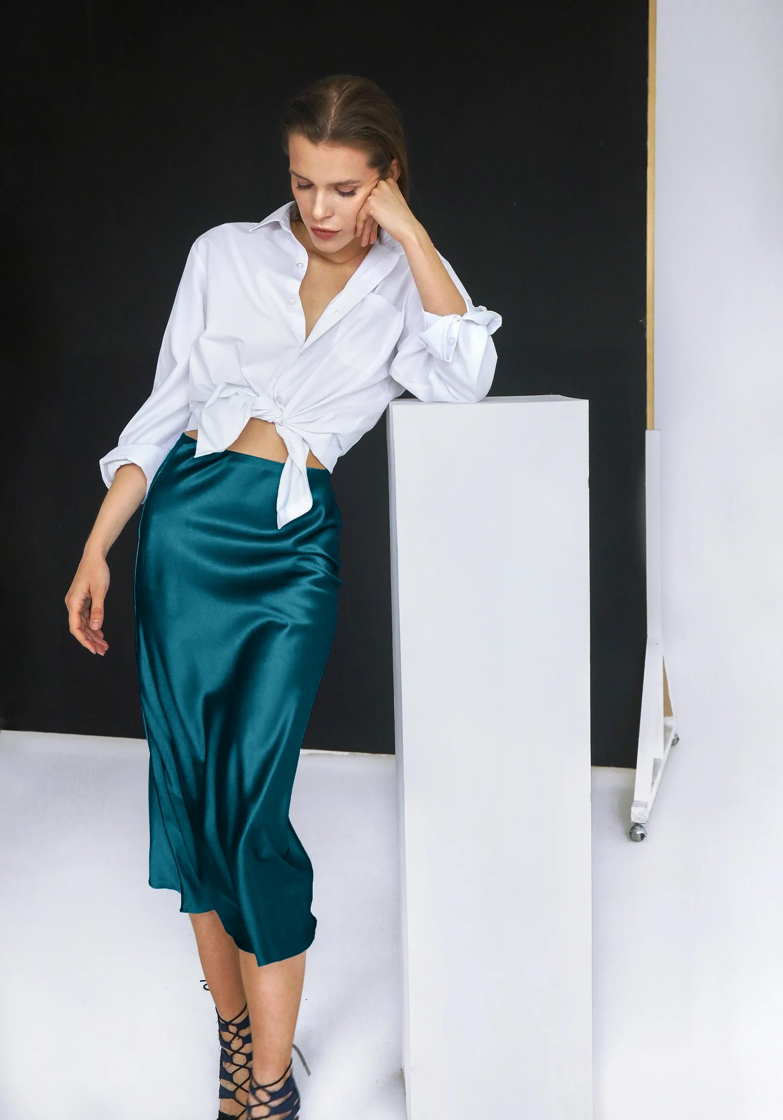 Zeagoo Gonne da donna in raso casual in seta gonna midi a vita alta gonne lunghe con cerniera elegante gonne da lavoro