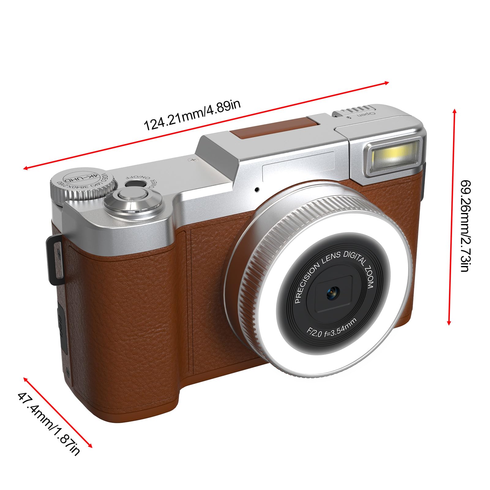 Andoer Aparat cyfrowy 4K, autofokus 48 MP, przenośny, kompaktowy aparat z ekranem składanym 180°, 16 x zoom cyfrowy dla dzieci, nastolatków, studentów, początkujących (kawowy)