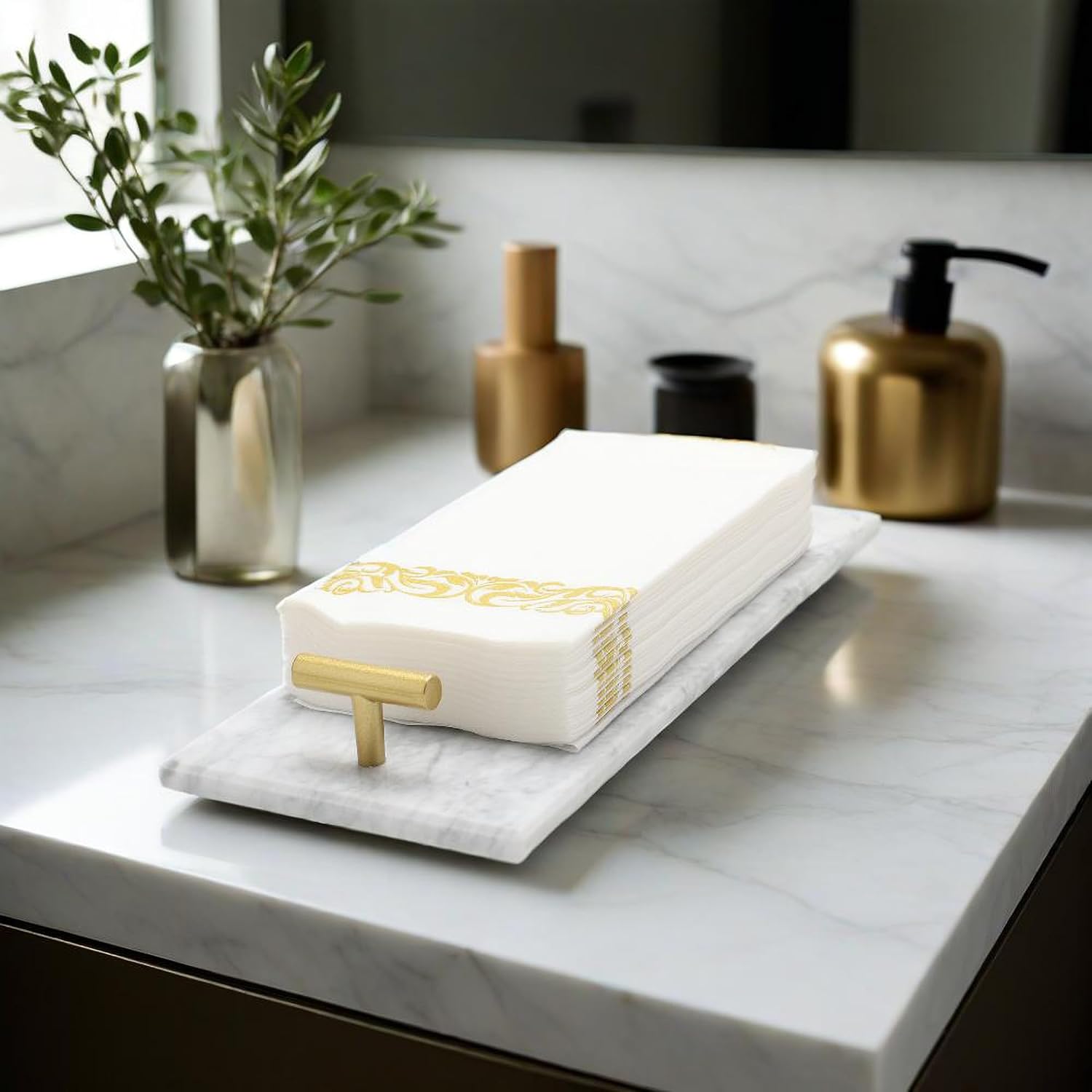 Napkin Holder - Guest Towel Holder for Bathroom - Marble Paper Towel Holder - Hand Towel Tray with Gold T-Handle(11.8x4.7x1.7 Inchs) - Image 7