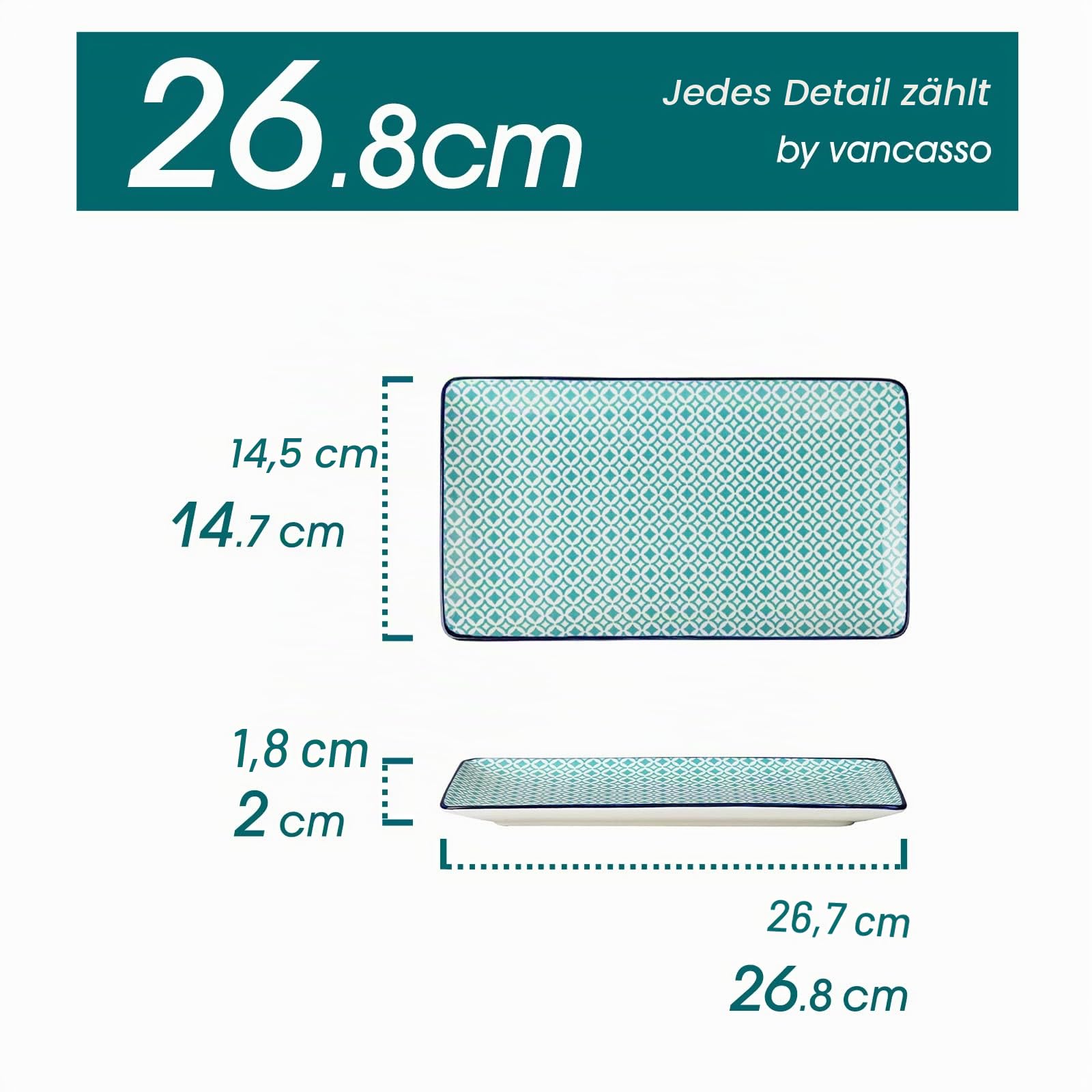 vancasso Servierplatten aus Porzellan, Serie MACARON – 4-teiliges rechteckiges Teller-Set (26,8 x 14,7 x H 2 cm), spülmaschinenfest, ideal für Party-Fingerfood, Tapas und Kuchenstücke