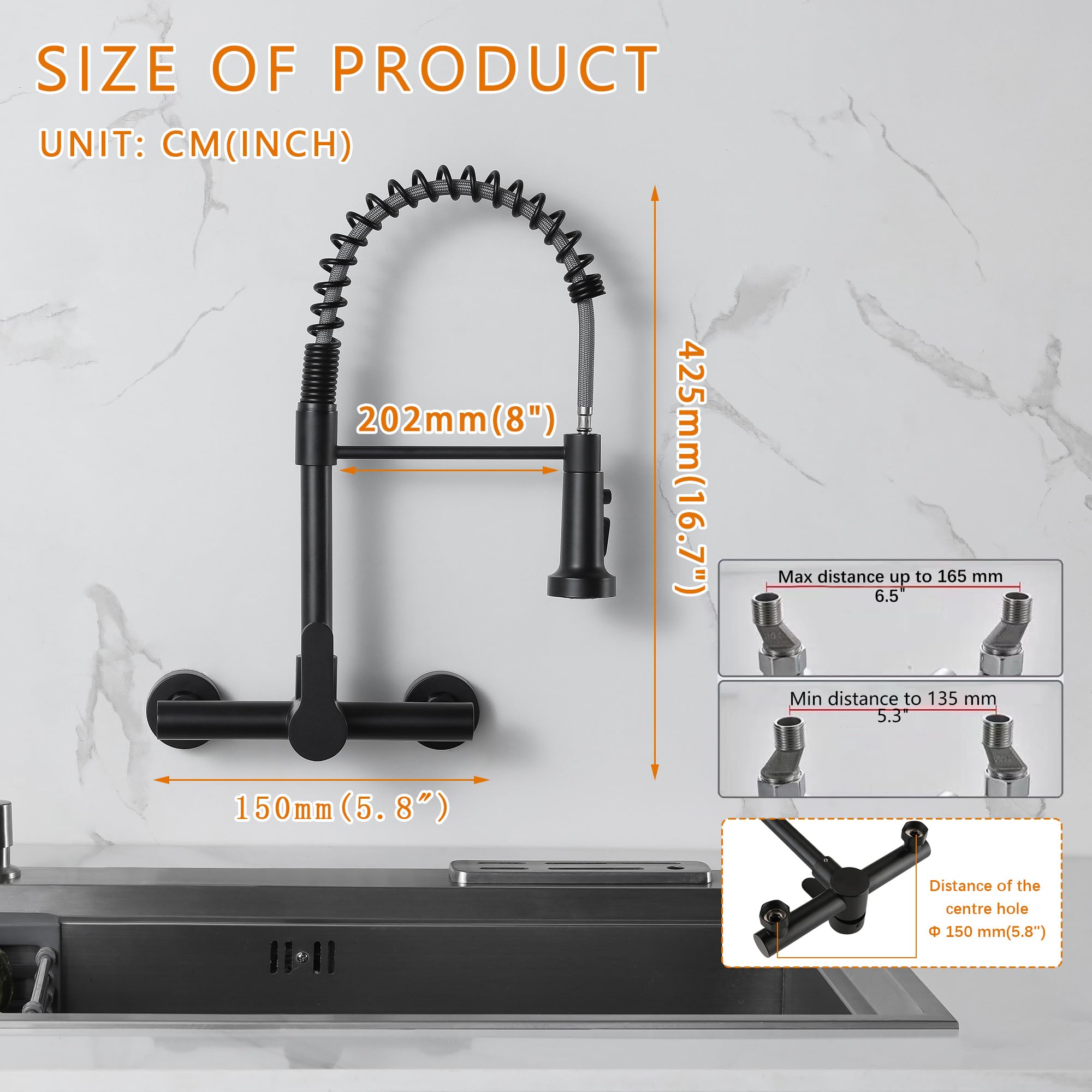 LIWEIKE Grifo de cocina de montaje en pared, rotación de 360° Grifo de cocina negro con 2 tipos de chorro Grifo de pared de montaje